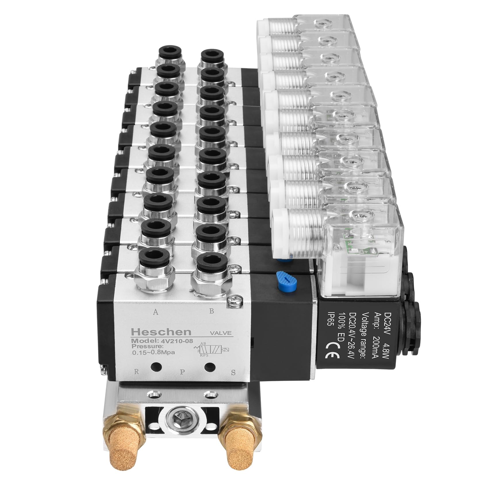 Heschen 10 Válvula solenoide colector espacial 4V210-08 24VDC PT1/4" 5 vías 2 posiciones con silenciador base 4mm conjunto de accesorios rápidos