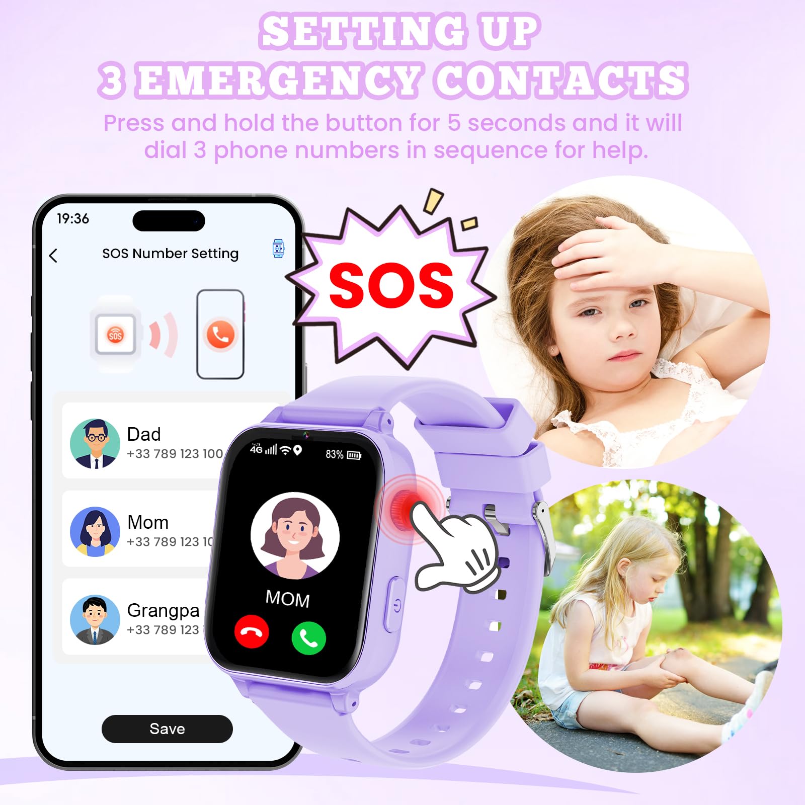 4G Smartwatch Bambini, Kids Smart Watch Intelligente con GPS, SOS, WIFI, Chat Vocale, Videochiamata, Modo Classe, Giochi Sveglia Contapassi Ragazzi Ragazze Orologio Regalo 4 ai 12 anni, Viola