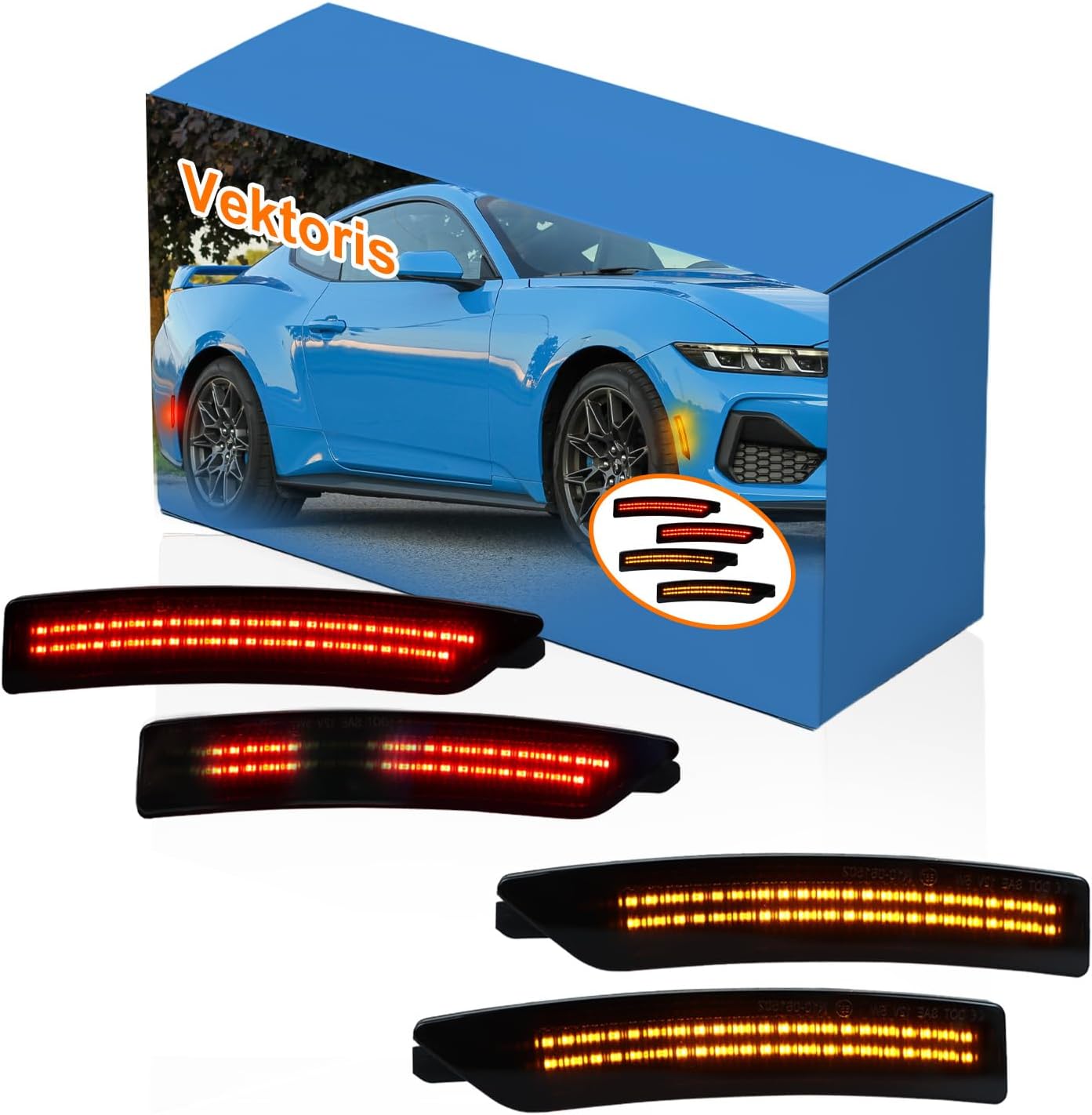 Smoked Lens LED Front & Rear Fender Side Marker Lights 4PCS KIT for 2024-Up Ford Mustang Gen7/S650 - Driver & Passenger Side Marker Lamp Assembly, Plug &Play (Smoked Lens Amber+Red LEDs)