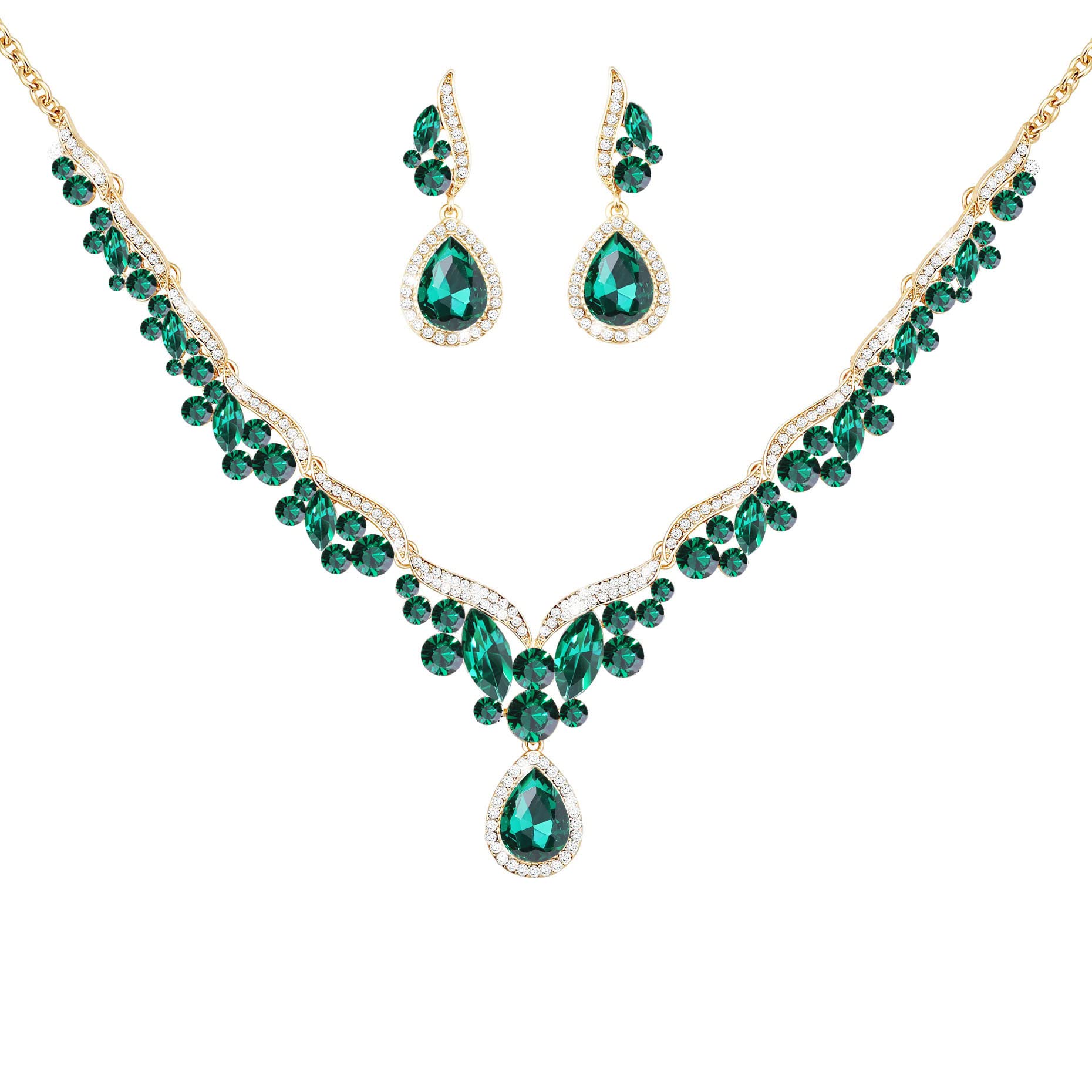 Gold Silver Red Emerald Pink Black Blue Necklace Earrings Jewelry Gifts Set for Bride Mom Wife Grandmother Women on Wedding Birthday Party, Crystal Diamond Jewelry Set Gift