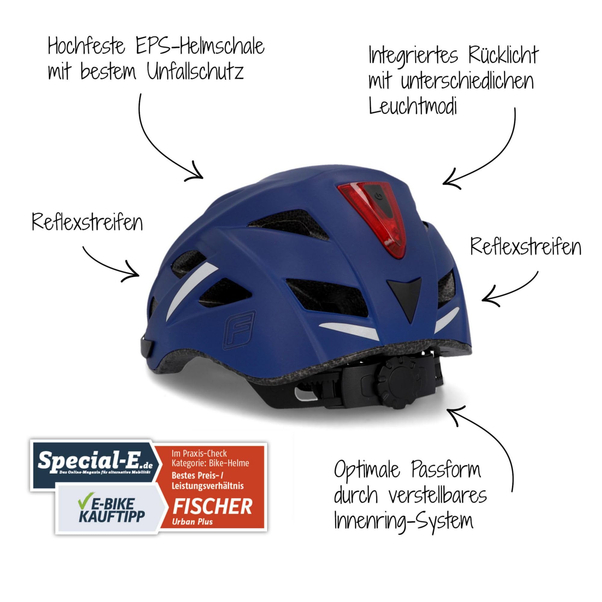 Fischer Urban Plus Boston Adult Bicycle Helmet Size S/M 52-59 cm with Integrated LED Tail Light, Dark Blue Sports & Outdoors