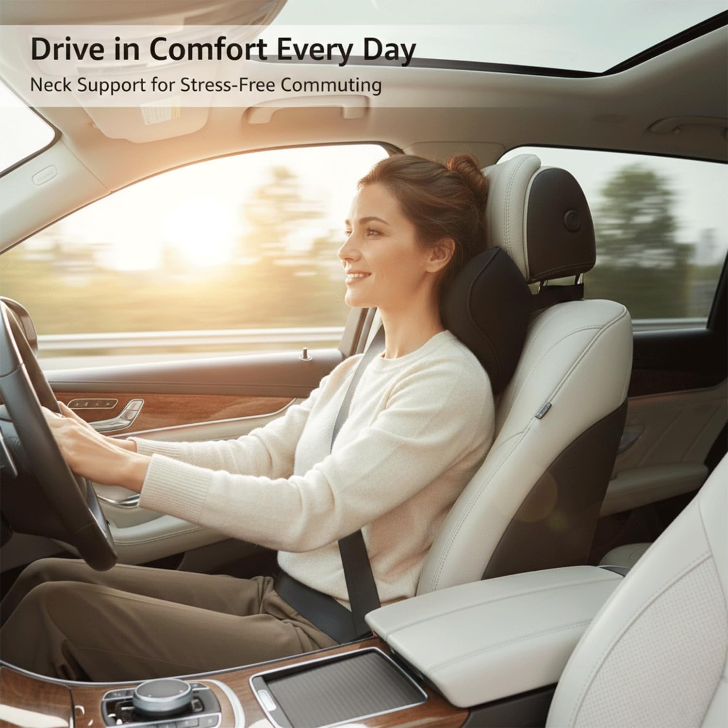 Car Neck Pillow, Car Headrest Pillow for Driving with Adjustable Strap, Ergonomic Neck Support Memory Foam Pillow with Removable Cover, Universal Fit for Car with Hangers & Cleaning Towel