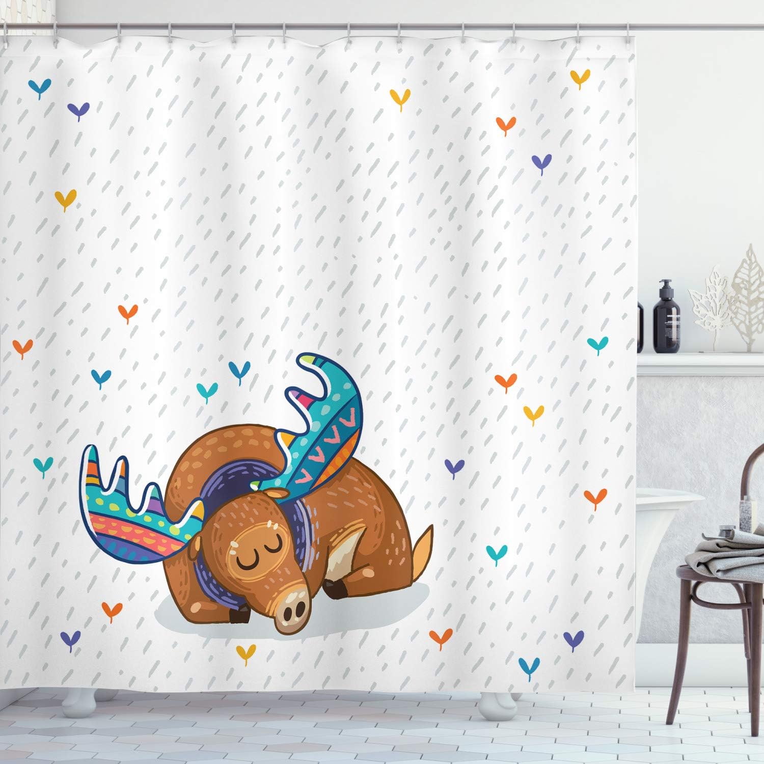 Ambesonne Moose Shower Curtain, Colorful Antlers Boho Style Deer Retro Winter and Rain Pattern Rainbow Heart Inspired by Animal Theme, Fabric Bathroom Decor Set with Hooks, 69" W x 75" L, Pale Brown