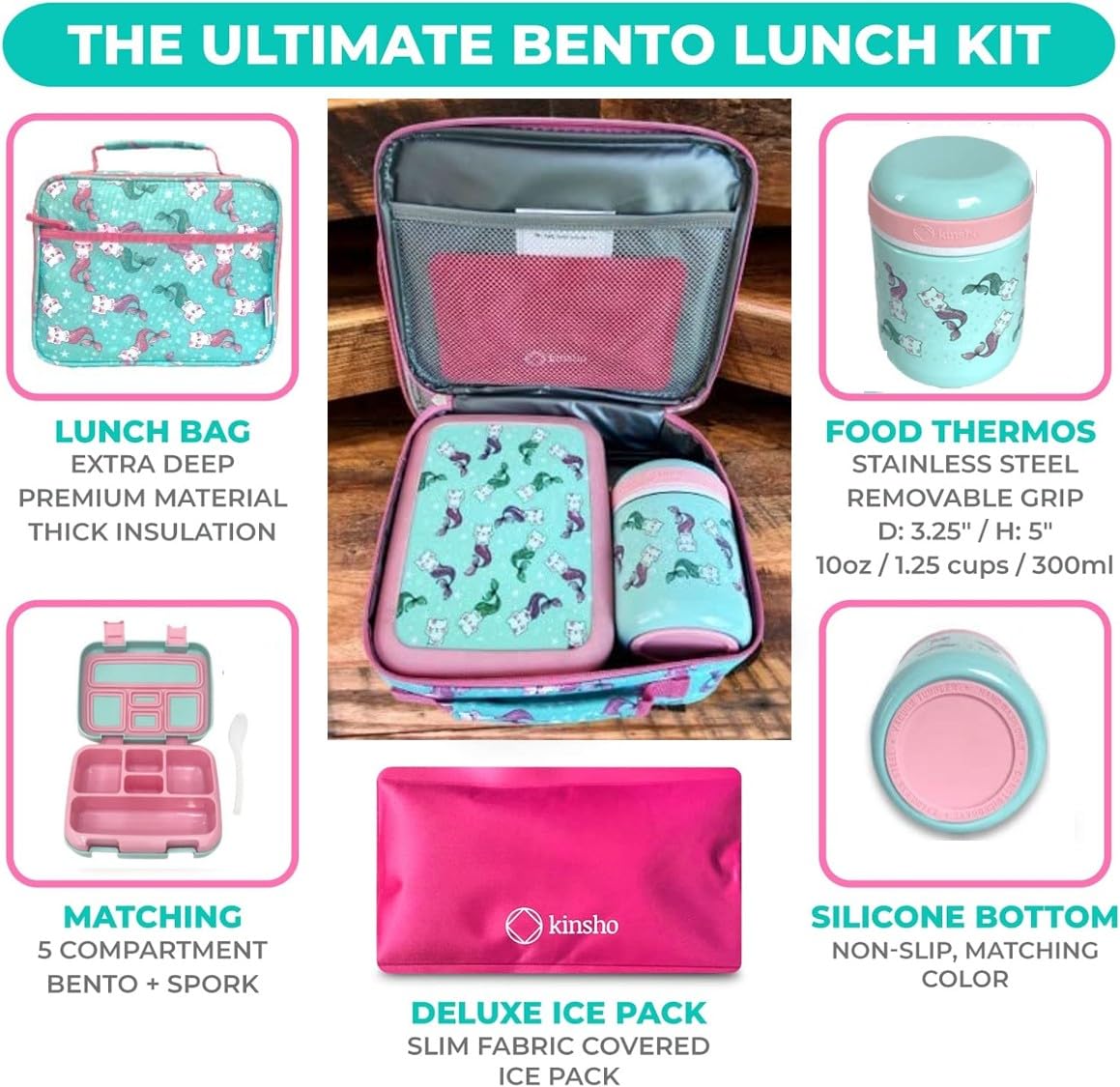 Fimibuke Bento-lunchbox voor kinderen met 4 vakken, geïsoleerde lunchtas, roestvrijstalen vacuümthermosfles, voedselpot, ijspakket en gebruiksvoorwerpen, verjaardagscadeaus voor kinderen van 3-12 jaar