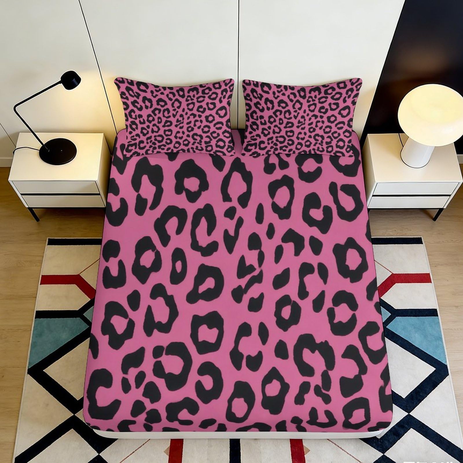 3D Printed Leopard Fitted Sheet Microfiber Deep Pocket Non-Slip Bedroom Bedding Leopard Mattress Fitted Cover Washable for All Ages 160x200x25cm
