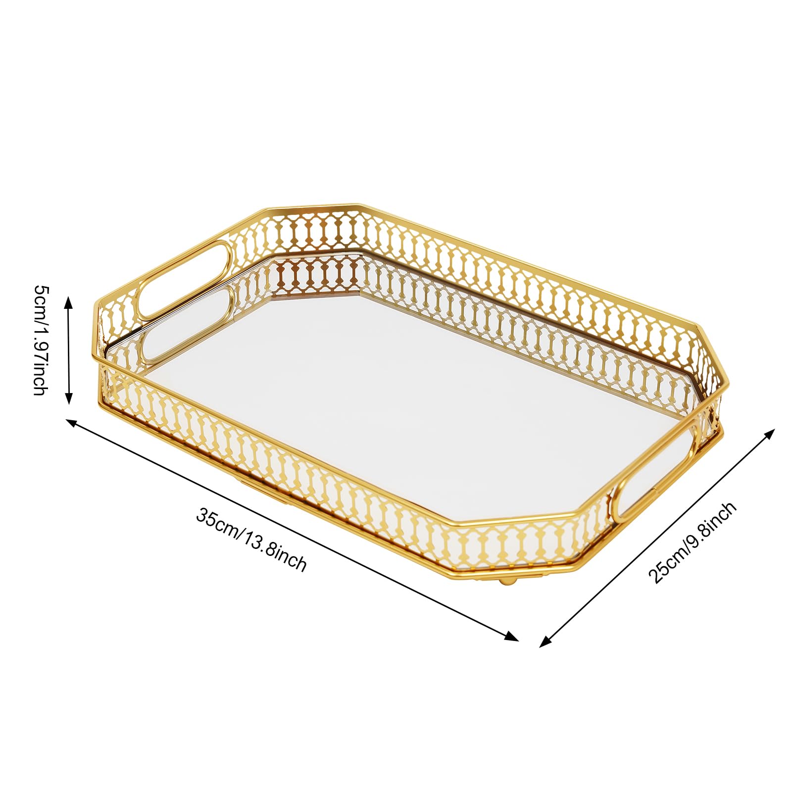 Bandeja de cristal dorada, bandeja de espejo con asas, bandeja decorativa, bandejas de espejo, bandejas de perfume, bandeja de baño para salón, baño, cocina, rectangular, 35 x 25 x 5 cm