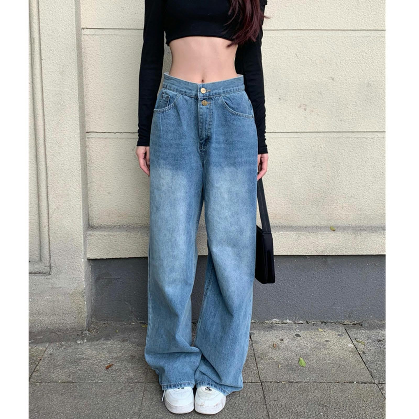 MdybF Dżinsy damskie dżinsy damskie z wysokim stanem odzież damska denim moda uliczna proste nogawki dżinsy ubrania spodnie