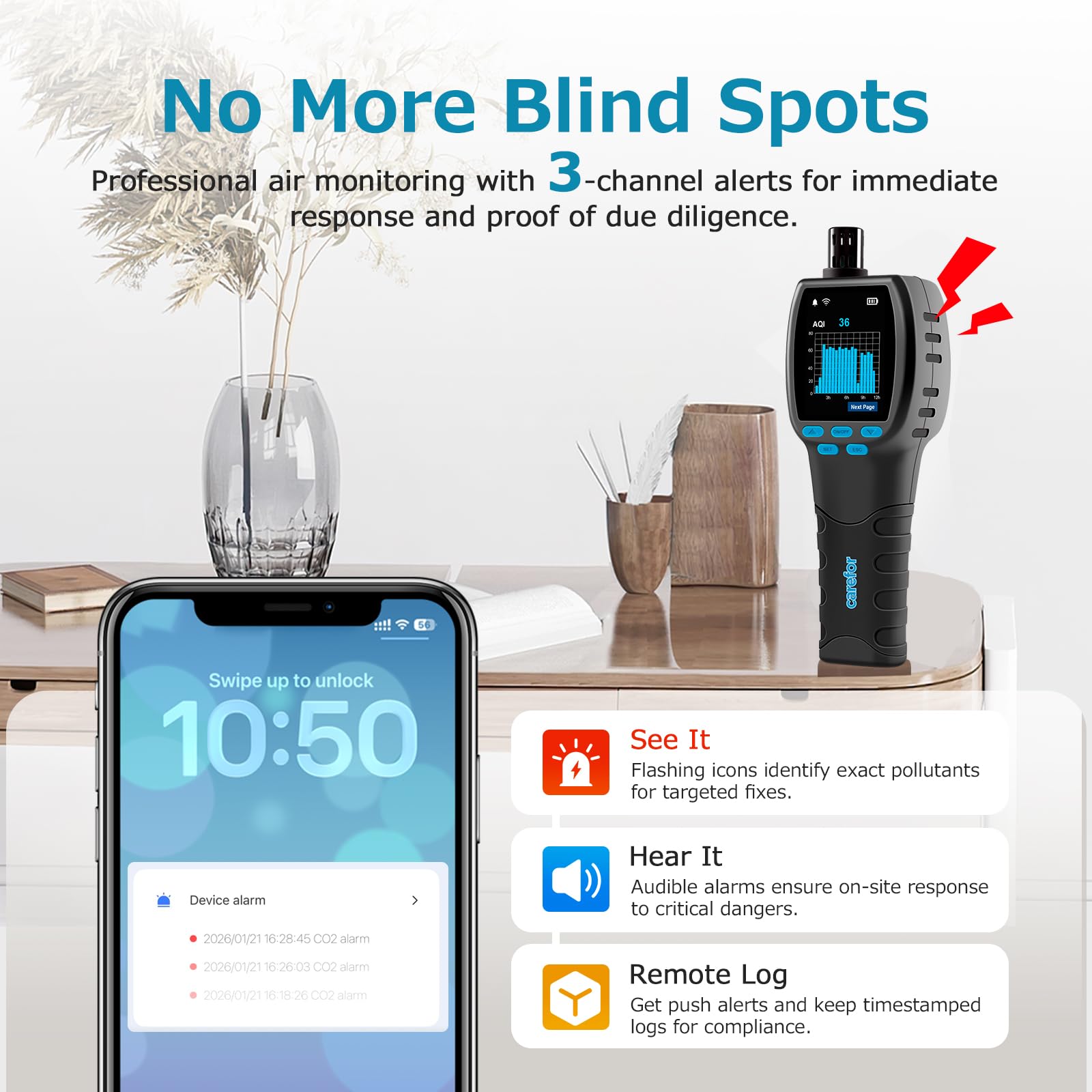 Upgraded CF-60 PP SMART Tragbarer Luftqualität Messgerät, 16-in-1-Schadstoff Messgerät Raumluft mit Echtzeit-App-Tracking, 24-Stunden-Bildschirmdiagrammen, 4000 mAh Akku mit Langer Standby