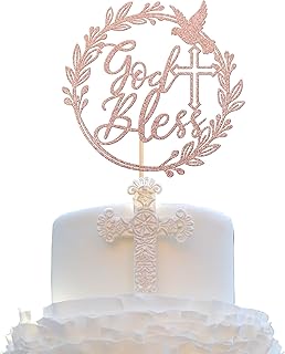 ZHUOWEISM 1 PCS God Bless Cake Topper with Dove Cross First Holy Communion Cake Pick for Celebration Christening Religious Baptism Baby Shower Birthday Party Cake Decorations Supplies Rose Gold