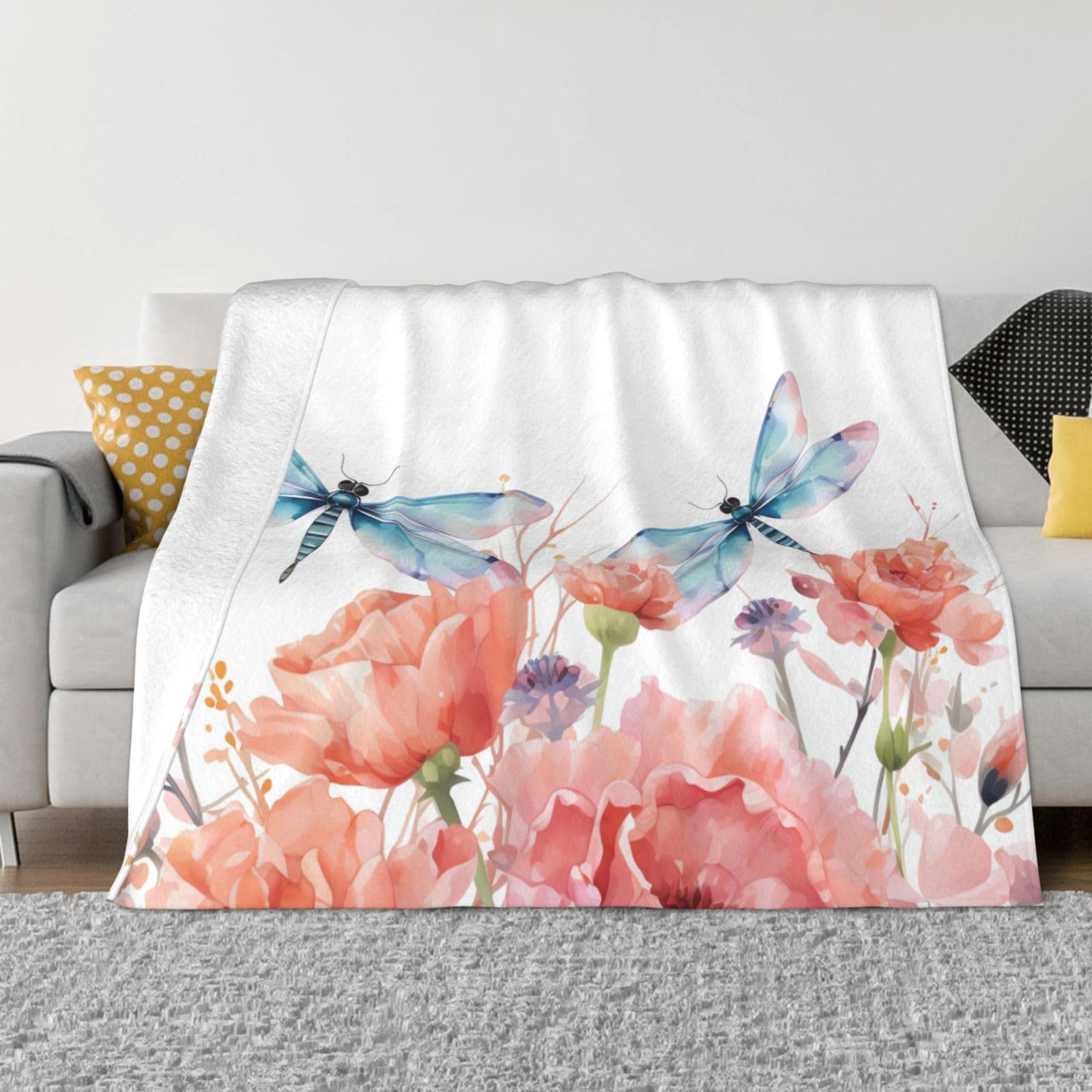 Couverture polaire motif fleurs aquarelles lit et canapé flanelle douce 203x152cm