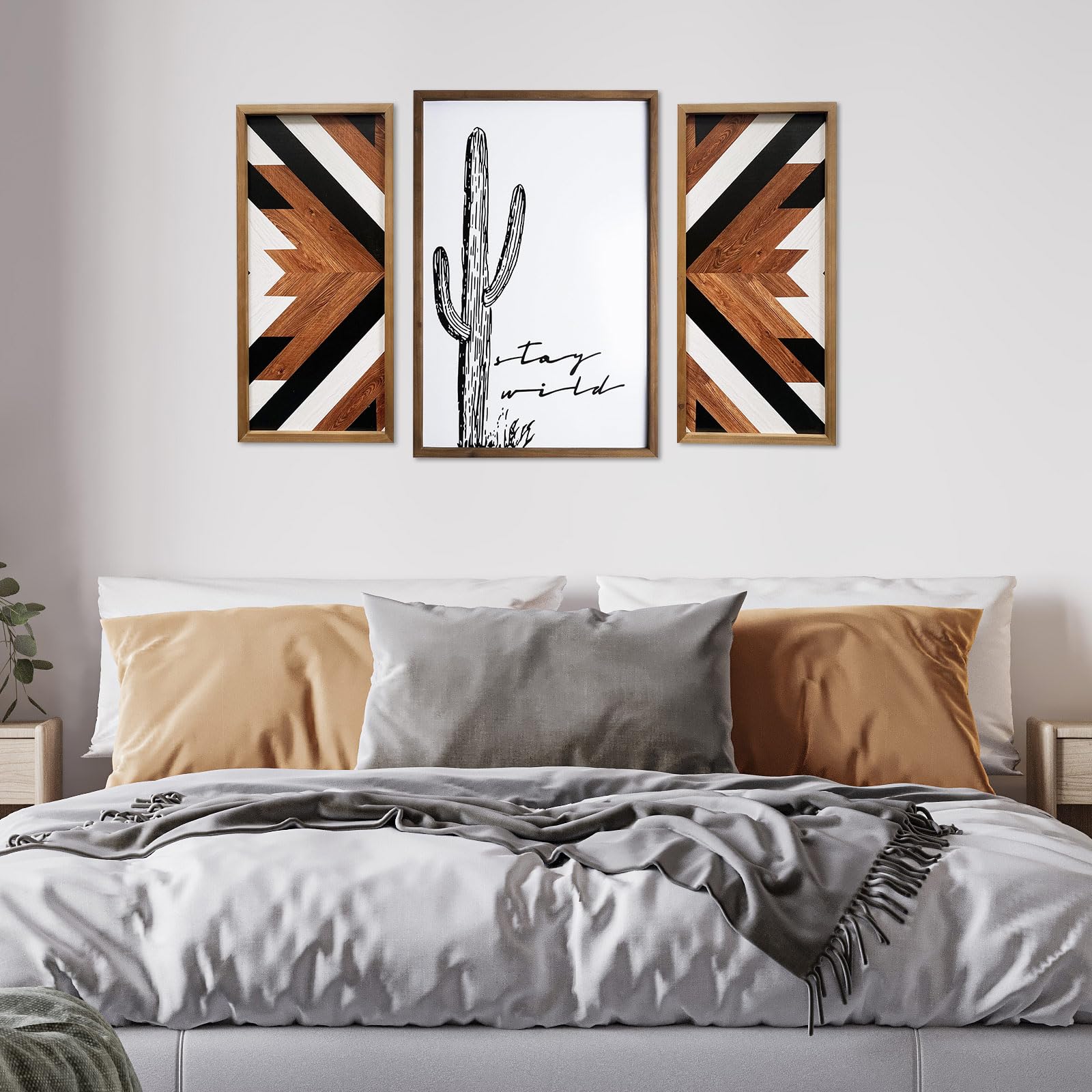 flangairy 2 Pcs Western Aztec Wall Decor With Wood Framed, 20.9x9.8 Inch Wooden Southwestern Boho Wall Art, Native American Living Room Bedroom Guest Bathroom Rustic Decorations for Home