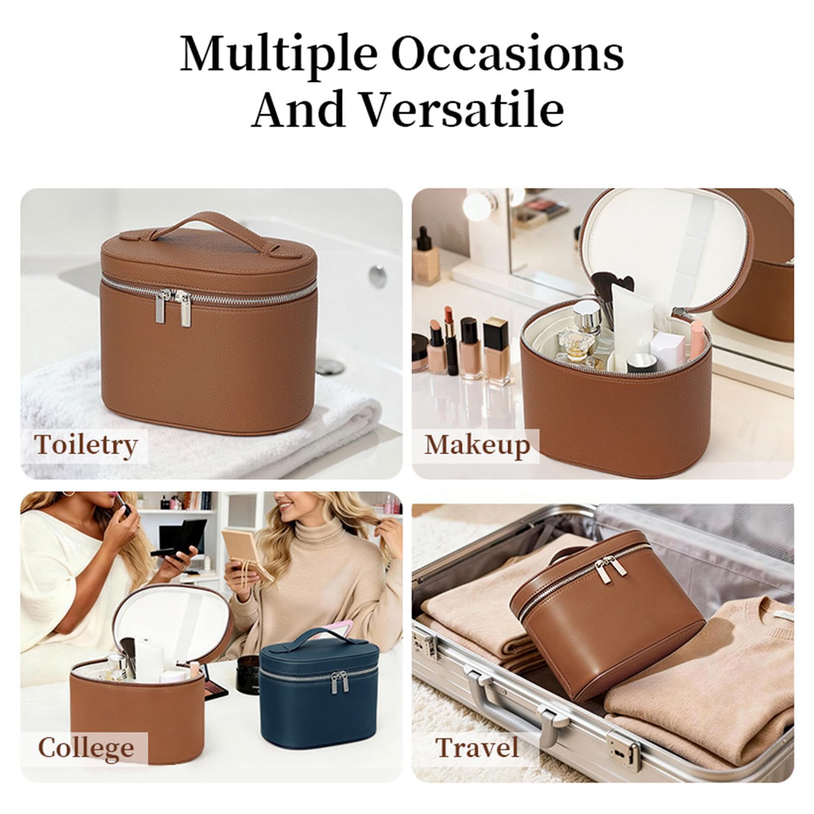 Asixxsix Borsa Trucco Grande, Beauty Case con Divisore Rimovibile (BROWN) | Borsa da viaggio per cosmetici, con manico superiore, 16,5x14,5x21 cm / 6,50x5,71x8,27 pollici, doppia cerniera, per donne