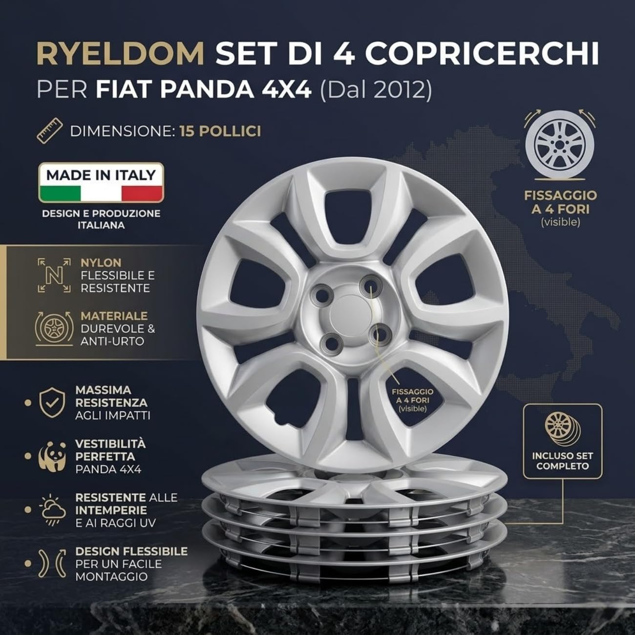 RYELDOM Copricerchi 15 Pollici per Fiat Panda 4x4 dal 2012, Set 4 Coppe Ruota in Nylon Flessibile Resistenti, Copricerchi Auto 15", Made in Italy