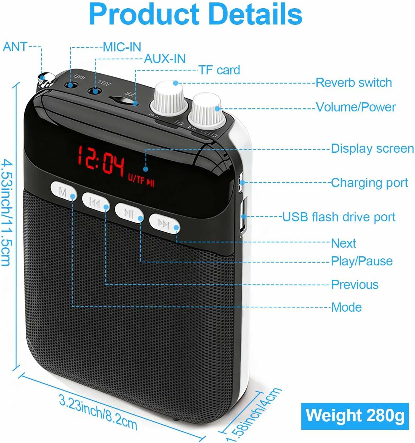 Portable Voice Amplifier for Teachers with Bluetooth, 2400mAh Rechargeable Personal Amplifier PA System Headset for Speaking Microphone for Teachers,Tour Guides, Coaches, Classroom,Yoga(Black) - Image 2