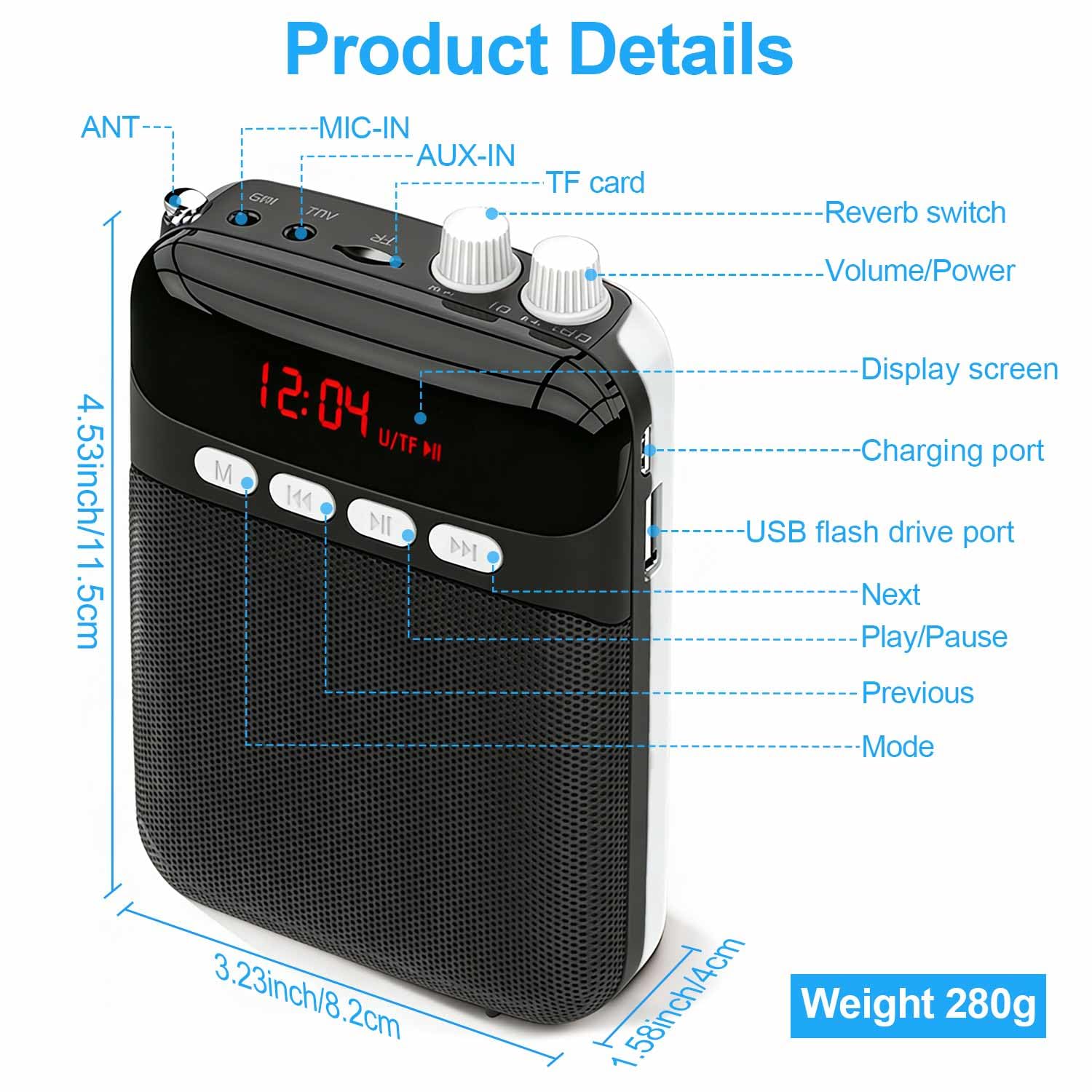 Amplificatore Vocale Portatile per Insegnanti con Bluetooth,2400mAh Ricaricabile Amplificatore Microfono Portatile Microfono Auricolare Microfono con Cassa per Guida Turistica,Riunione,Yoga (Nero)