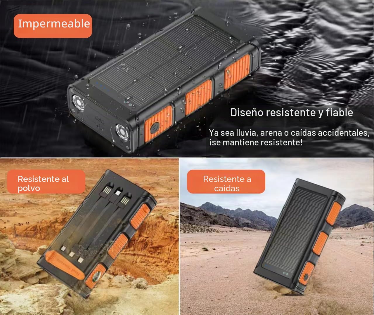 Banco de energía Solar 30000 mAh, Carga Rápida Batería Externa Inalámbrica con 3 Cables de Carga Integrados para Teléfono Tabletas
