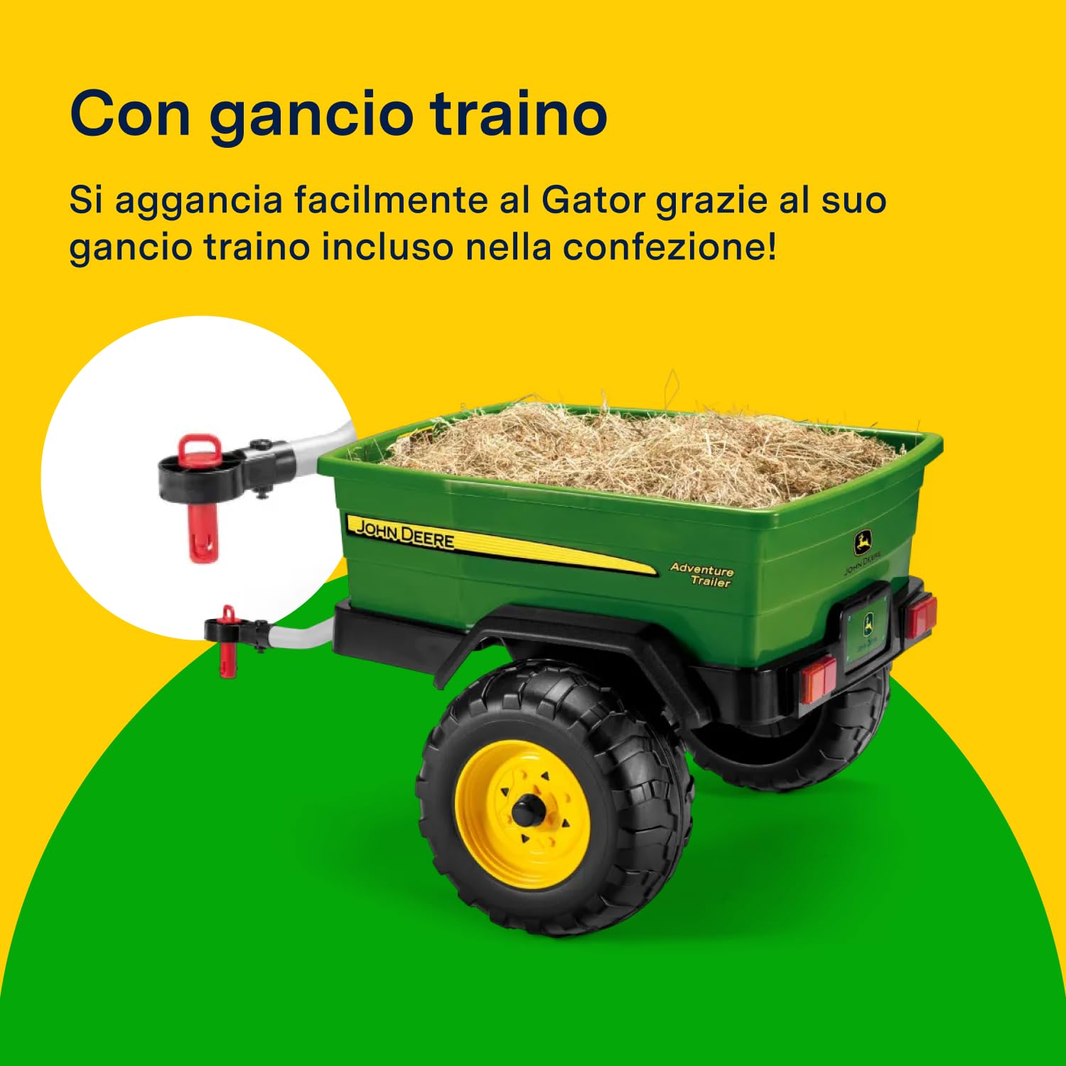 PEG John Deere Adventure Trailer, Rimorchio per Veicoli Elettrici John Deere Gator, Grande capacità di Carico 30 kg, con Gancio di Traino Incluso, età 2+ Anni