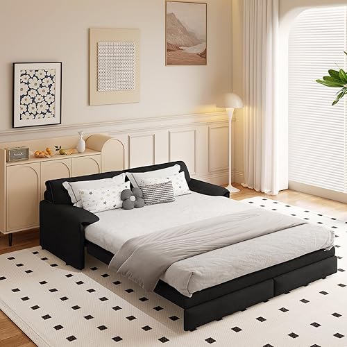 66'' Queen Pull Out Sofa Bed, 3 in 1 Convertible Sleeper Couch, Velvet Loveseat Futon Lounge Recliner with Thicked Cushions and Side Storage for Living Room, Apartment, Small Space
