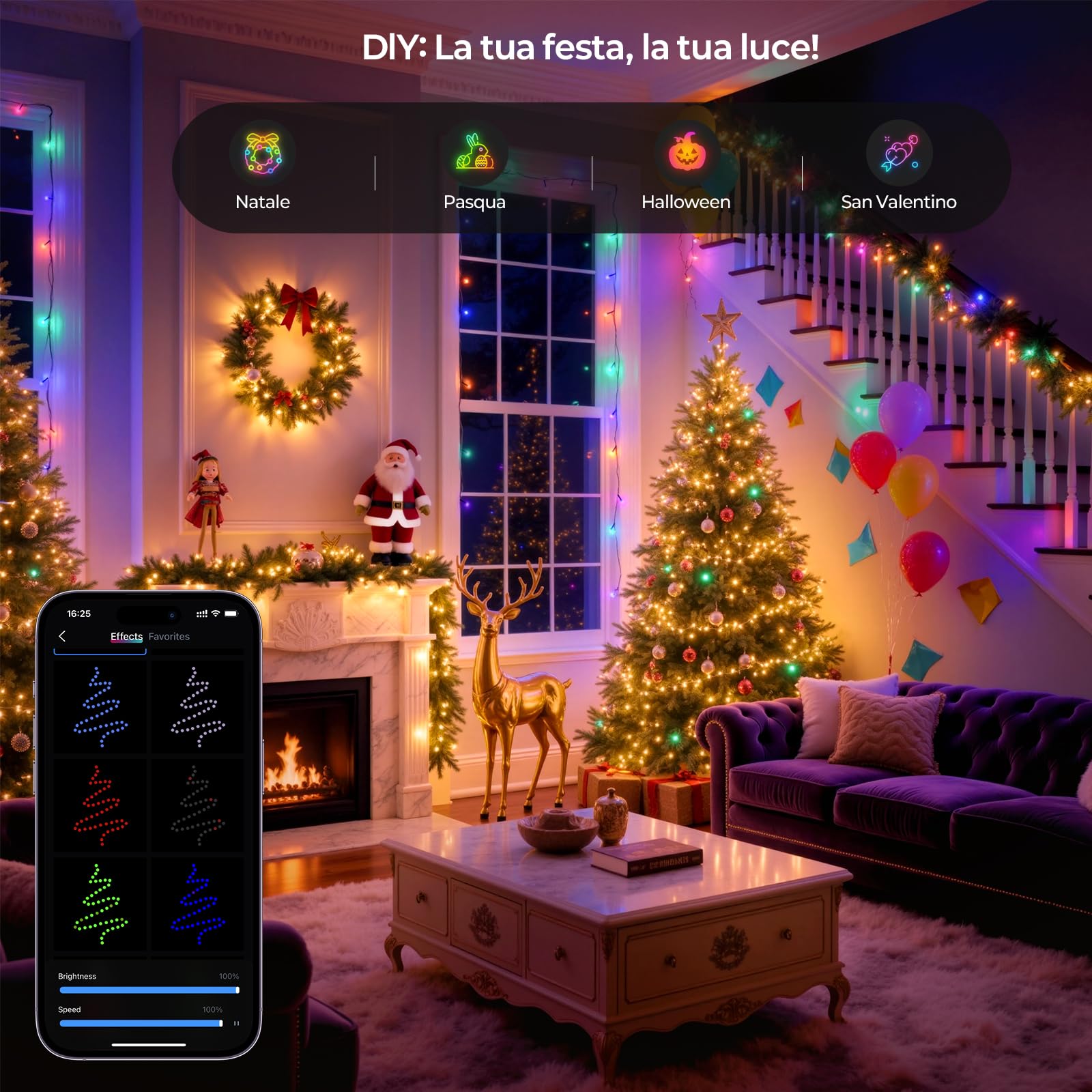 YAYZA! Luci Albero di Natale Smart 20m, 200 LED Luci Natalizie, 16M di Colori RGB, Controllo tramite App & Telecomando, per Interni ed Esterni IP44, Ideale per Albero di Natale, Feste e Decorazioni