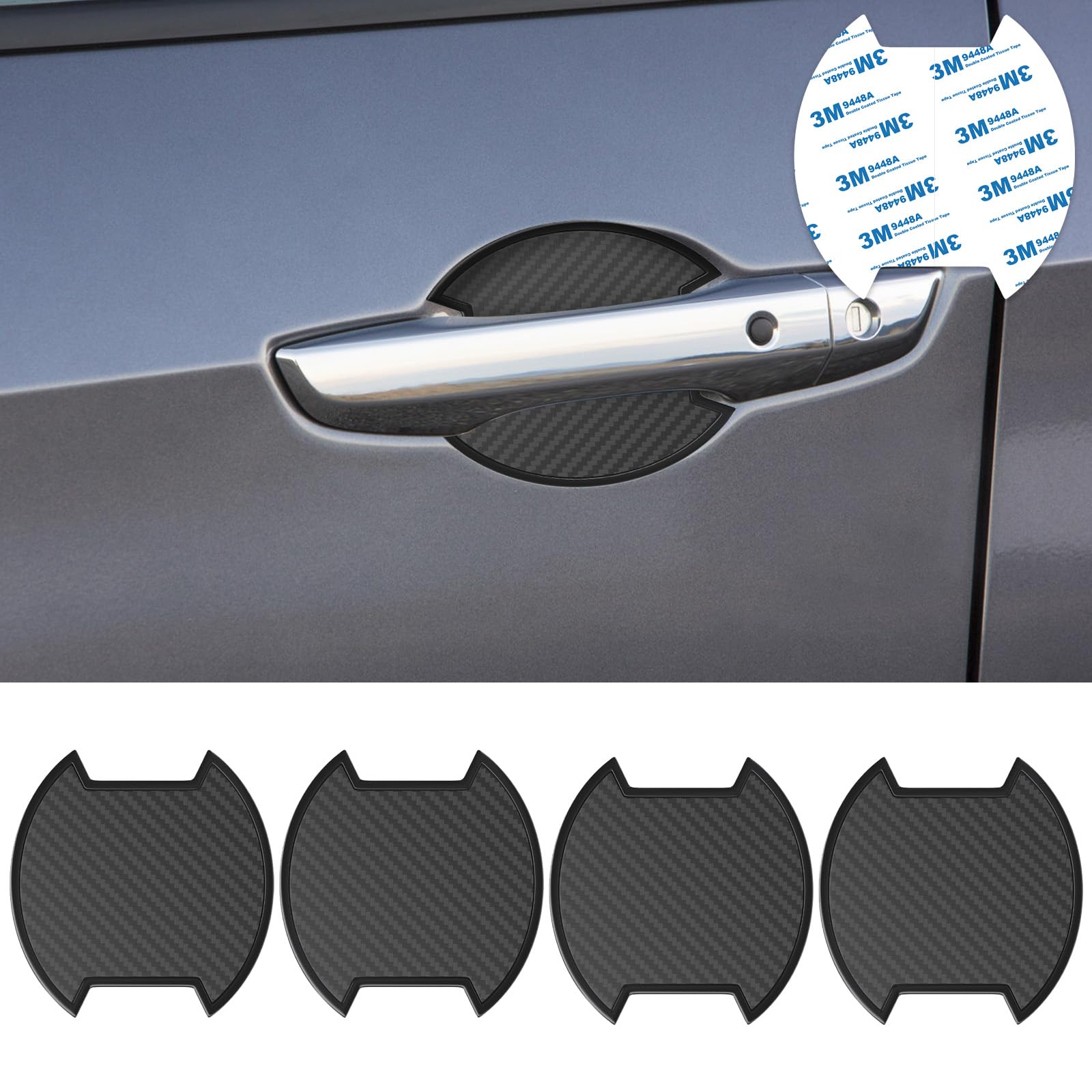Car Door Handle Paint Scratch Protector Sticker, TPU Universal Carbon Fiber Texture Door Bowl 3D Protective Film for Car Door Handle, 4 PCS/Black (L)