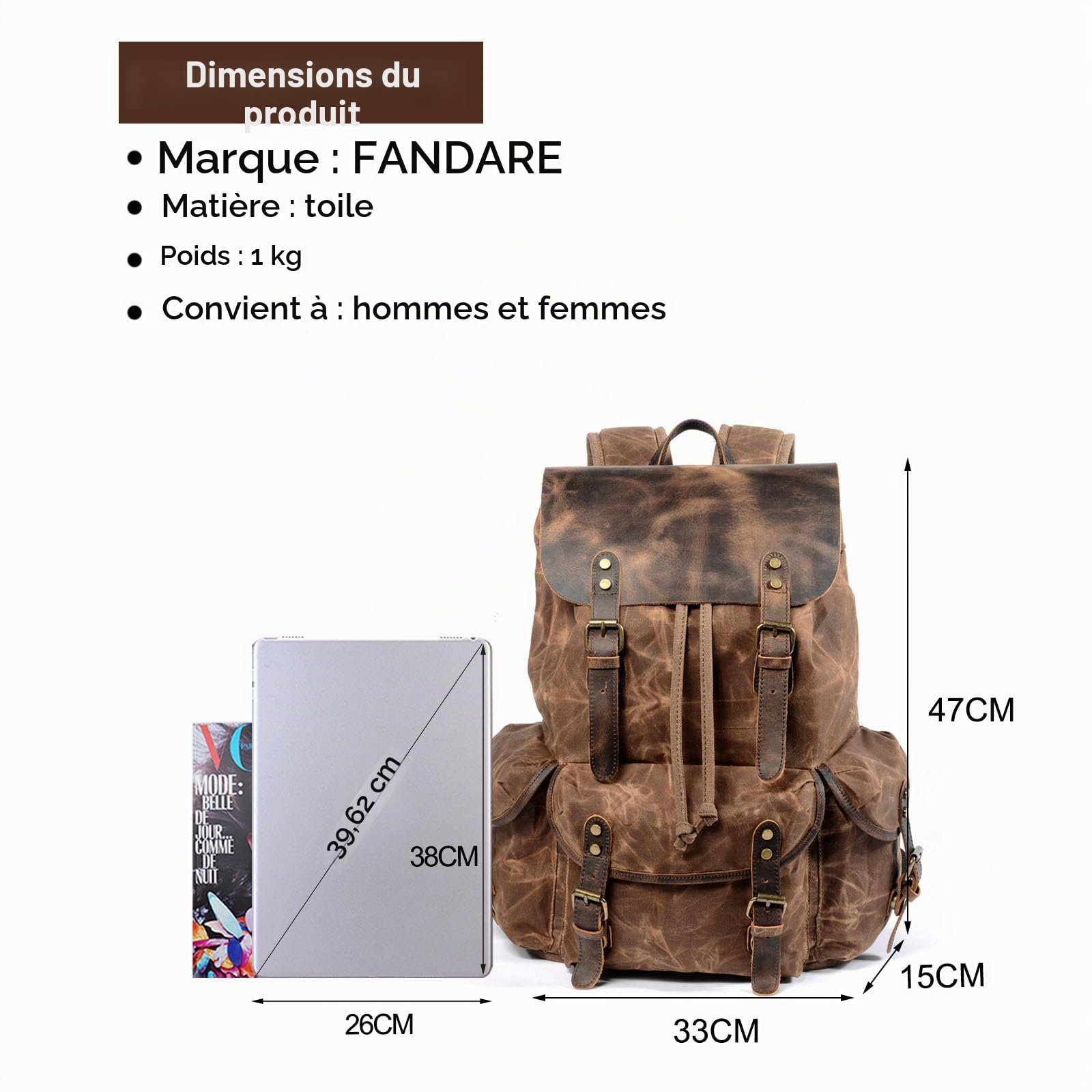FANDARE Toile Sac à Dos de Randonnée Sac à Cordon Sac de Trekking Sac à Dos Grande Capacité Multifonction Sac d'épaule Daypacks pour Alpinisme Escalade Trekking Sport Voyage Camping Brun