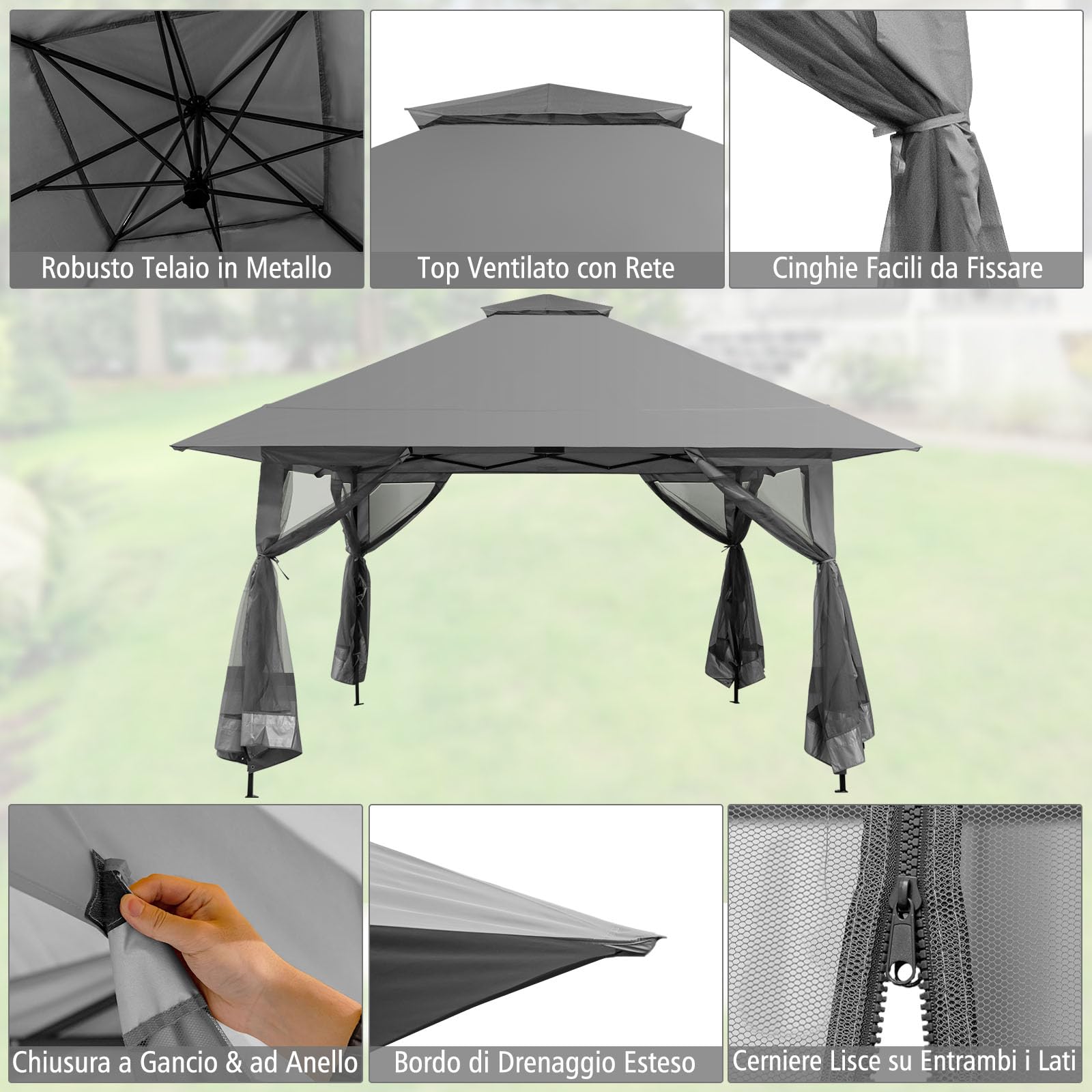 RELAX4LIFE Gazebo da Giardino 4x4M, Pop-up Pieghevole con Zanzariera e Doppio Tetto, Altezza Regolabile per Patio, Giardino e Cortile (GRIGIO)