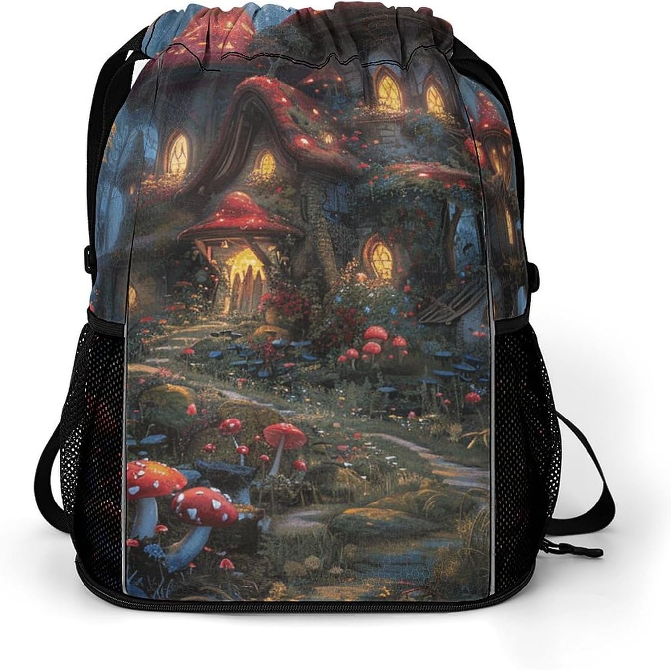 Small Gym Bag Mushrooms And Flowers Printed Drawstring Gym Bag for Men Lightweight Waterproof Drawstring Backpack for Women with Shoe Compartment for Travel Tourism Work And Fitness