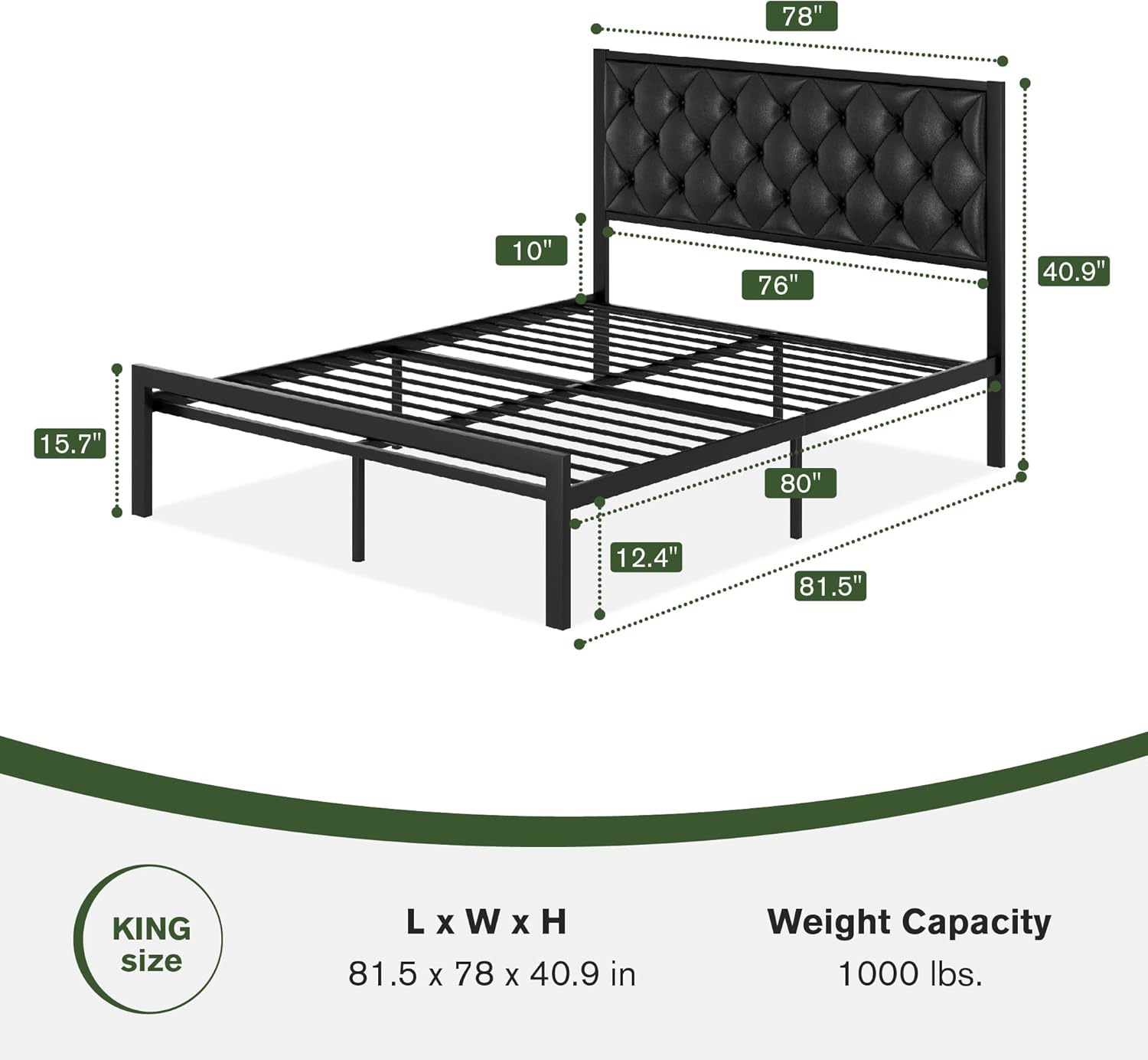 MUTICOR Stylish King Size Bed Frame with Faux Leather Upholstered Button Tufted Headboard, Sturdy Metal Slats, 12.4" Under Bed Storage,No Box Spring Needed, Easy Assembly,Black