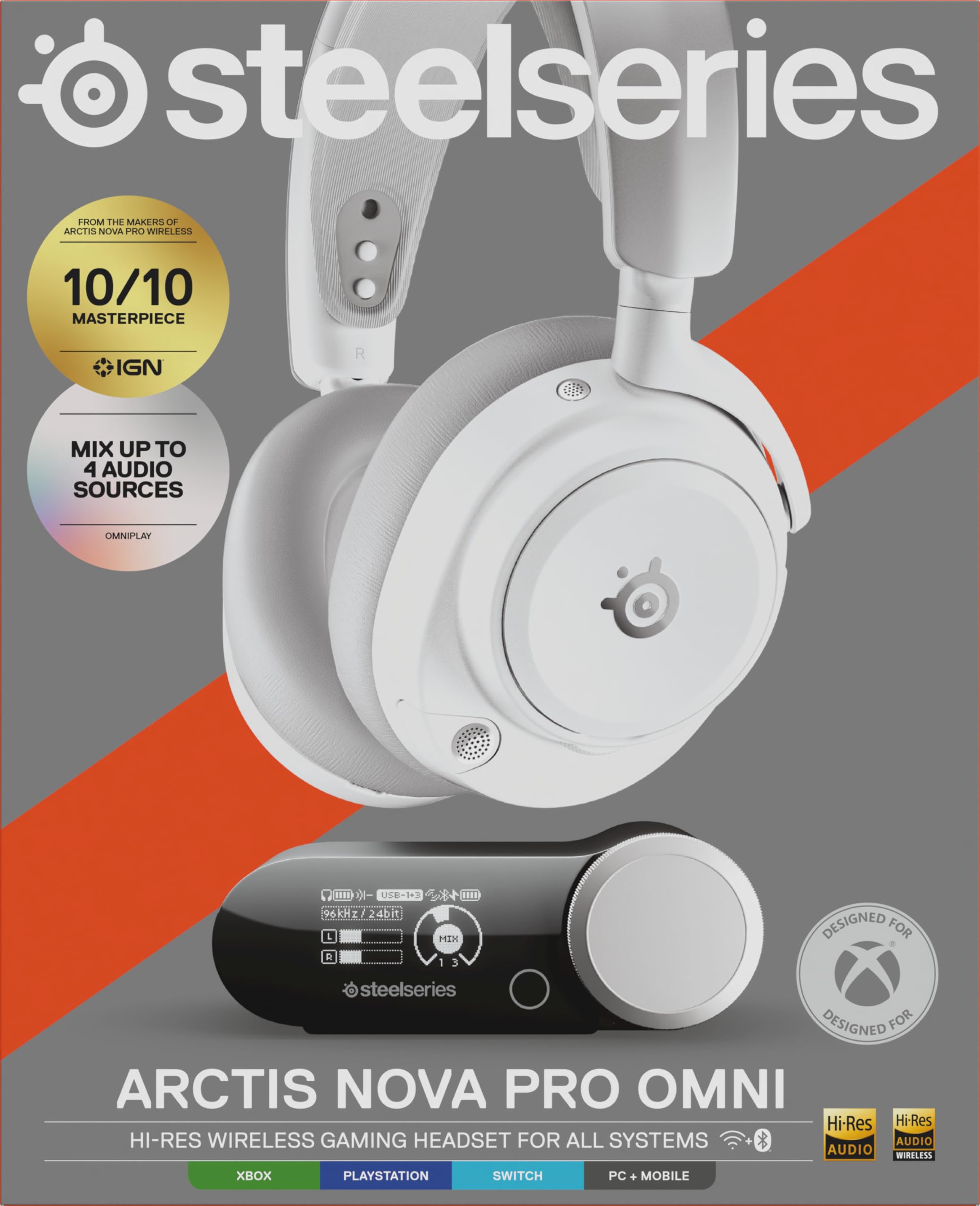 SteelSeries Arctis Nova Pro Omni – Bezprzewodowy dźwięk Hi‑Res, 96kHz/24bit, ANC, mikrofon ClearCast Pro, redukcja szumów AI, aplikacja mobilna, Mix 2,4GHz + BT, OmniPlay PC+PlayStation+Xbox – Biały