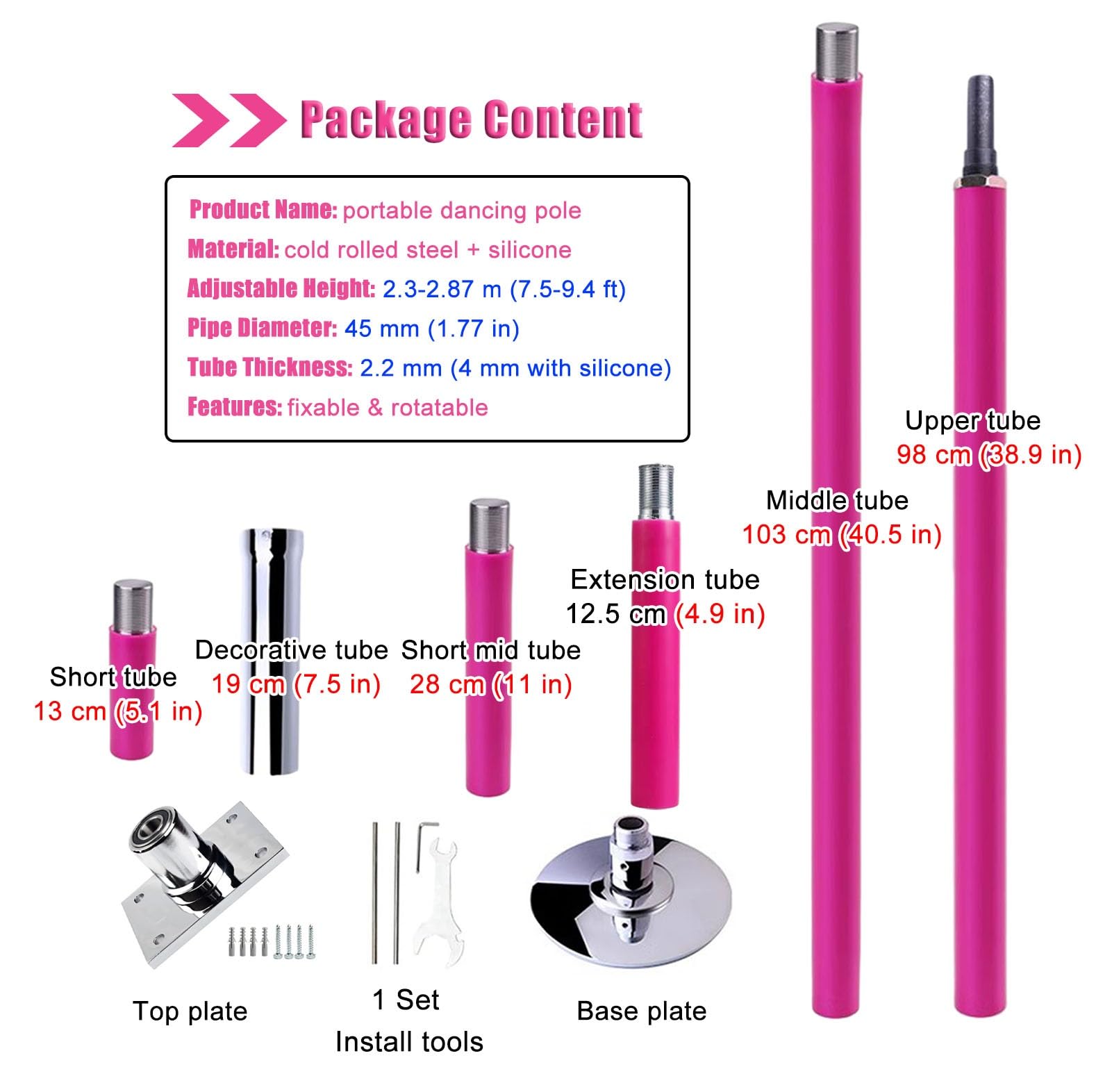 Barra de Baile, Kit de Barras de Baile permanentes para Montaje en Techo, Barra de Striptease de Silicona Rosa de 7,5 a 12 pies para Spinning en casa, Barra de Baile en Barra Profesional par
