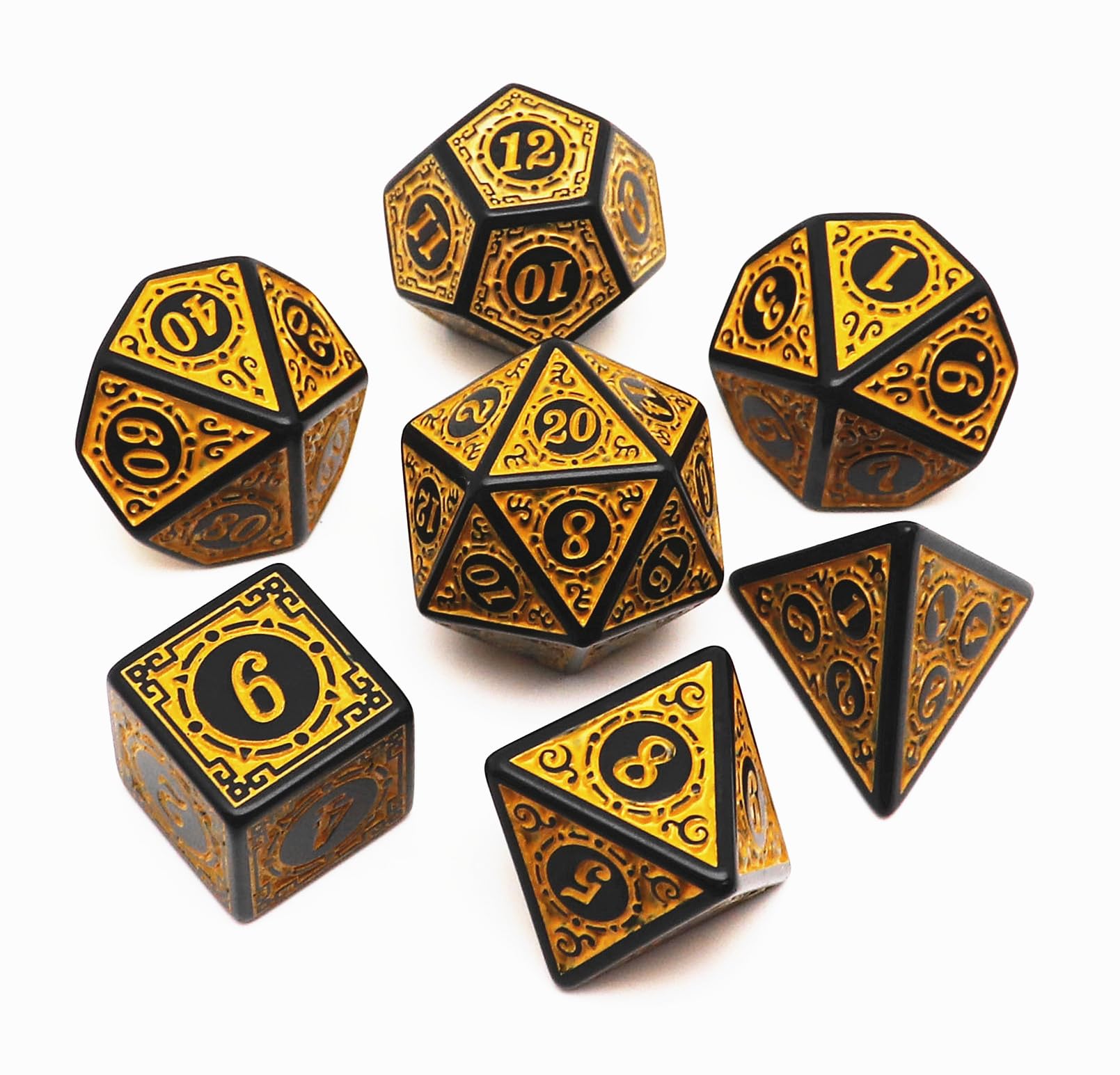 CREEBUY Polyhedral DND Dice Set 7Pcs Dice Set Fit for Dungeons and Dragons D&D RPG Table Games Yellow Polyhedral Dice with Vintage Pattern