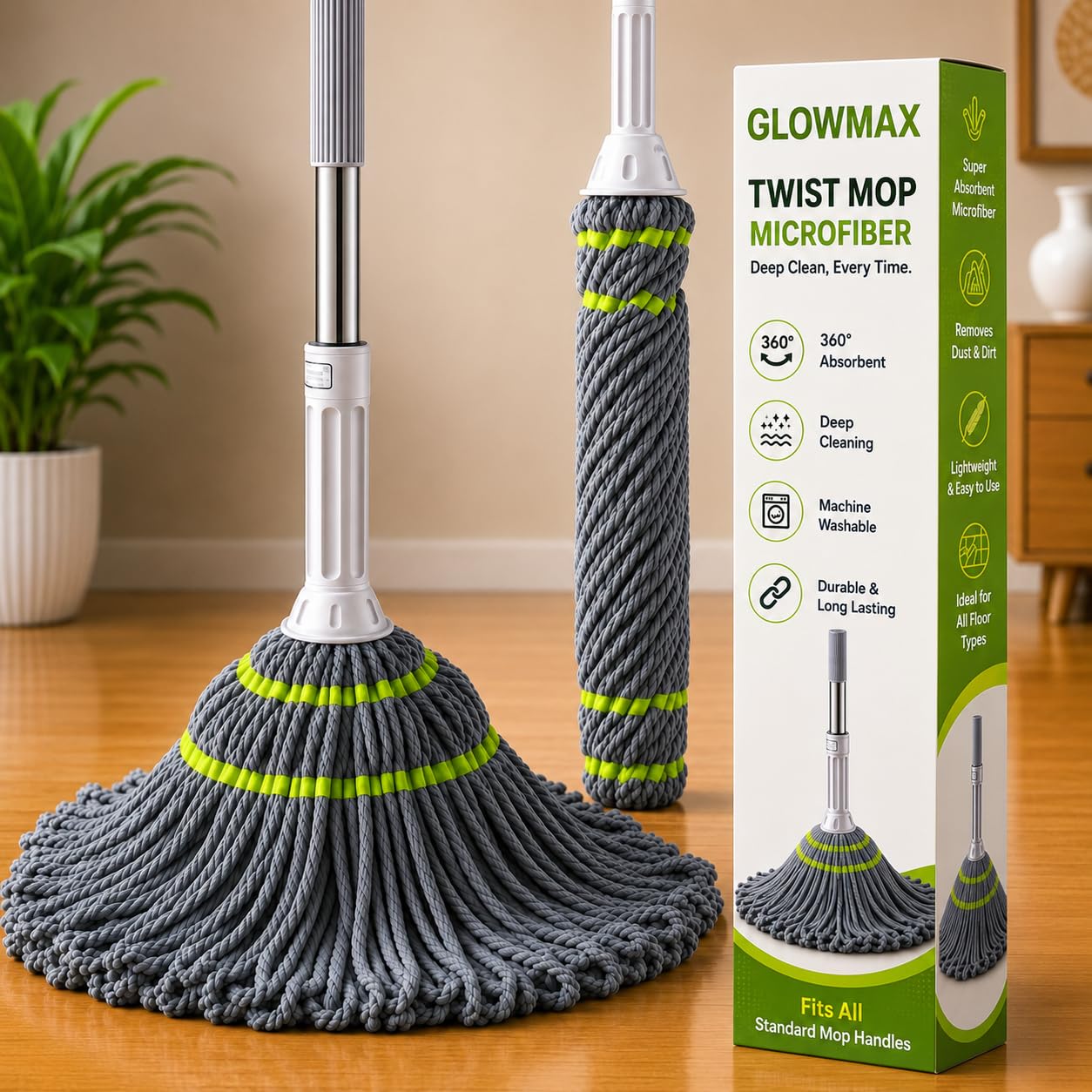 premium microfiber floor cleaning mop | 360° spin twist mop with adjustable handle | super absorbent cotton head for wet & dry cleaning | reusable & easy to wash