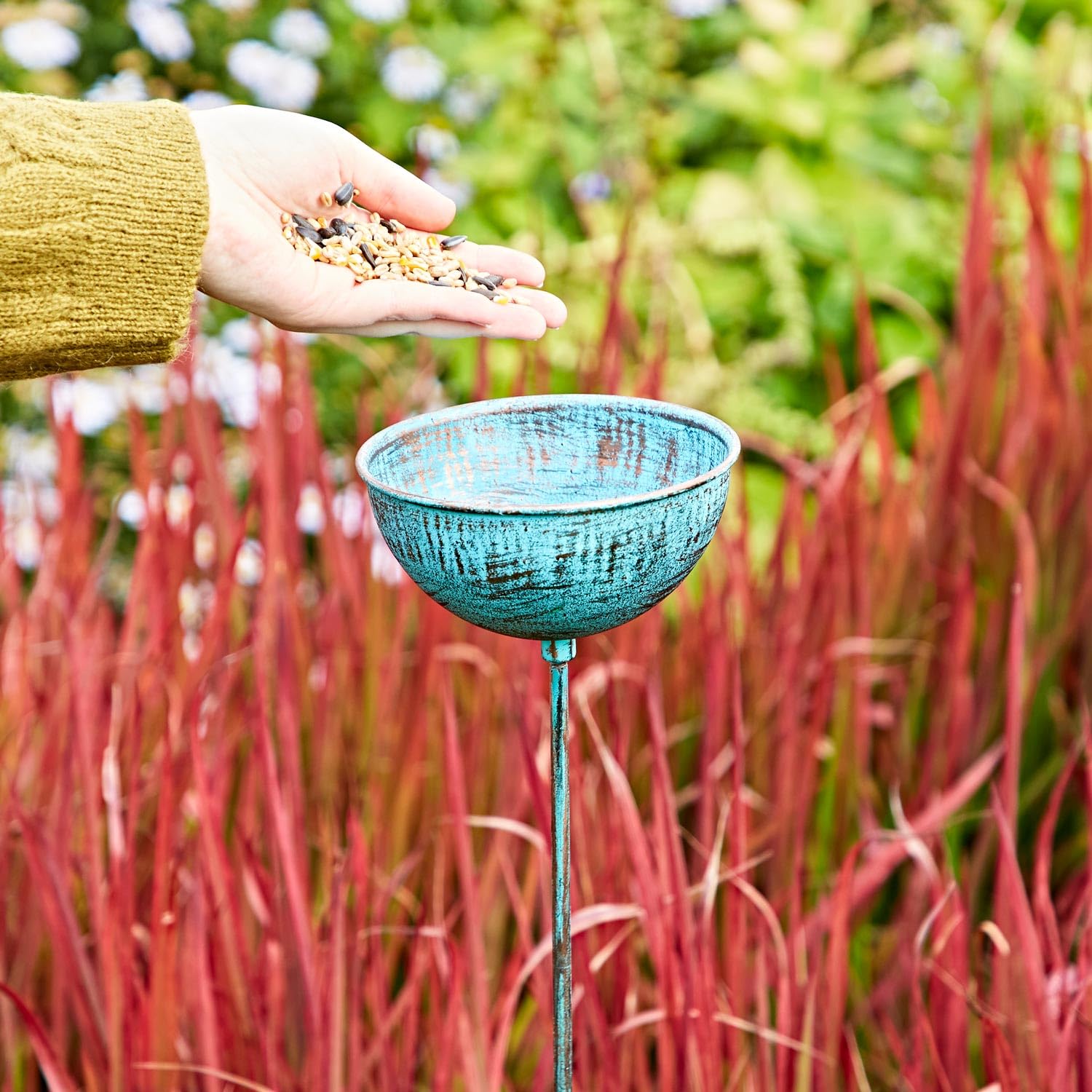 Paper High Blue Recycled Iron Distressed Rain Catcher - Plant Support - Bird Feeder - Bird Bath - Garden Ornament Feature - Metal Garden Ornament (Large)