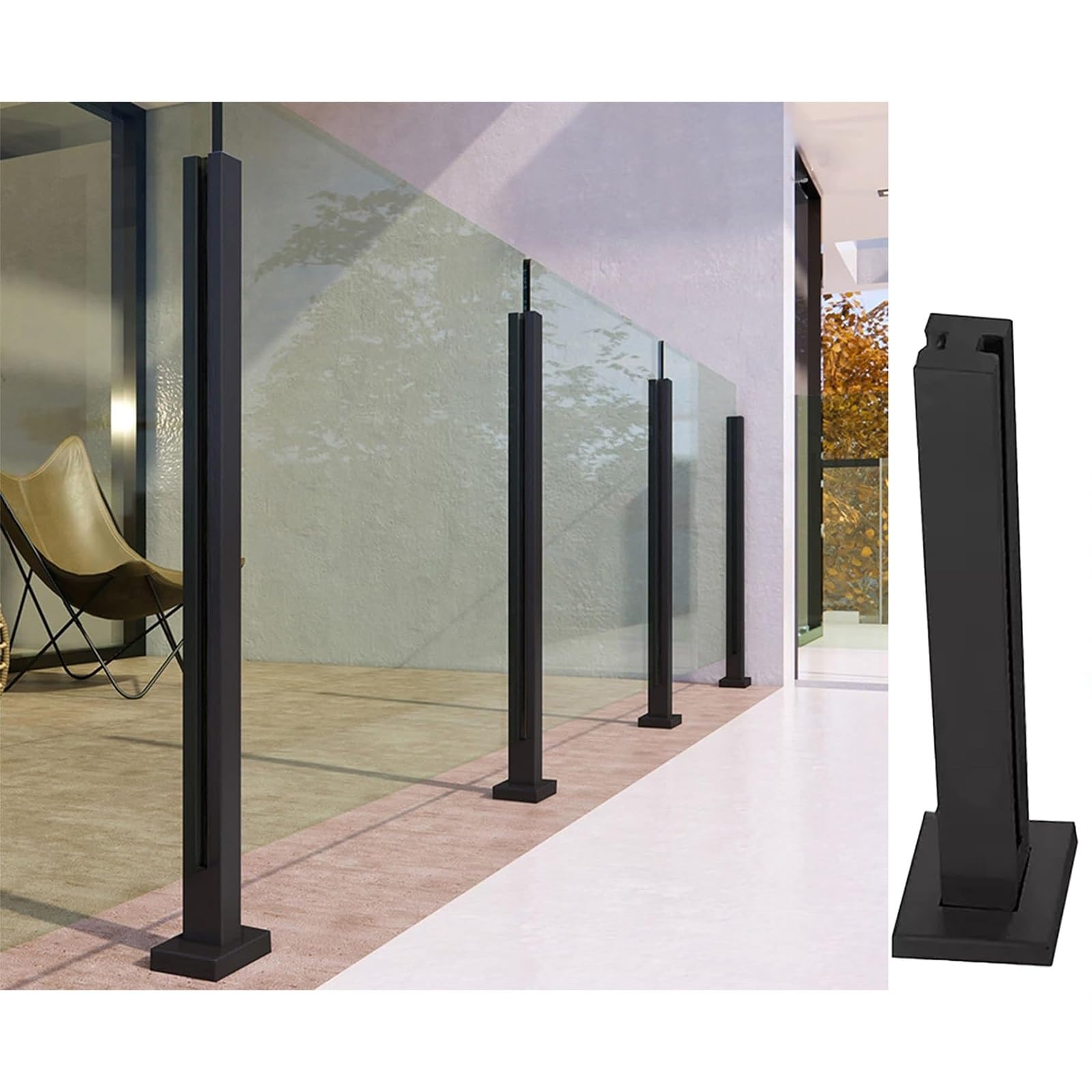 Balustrade durable acier 304 avec poteau central pour pose de verre
