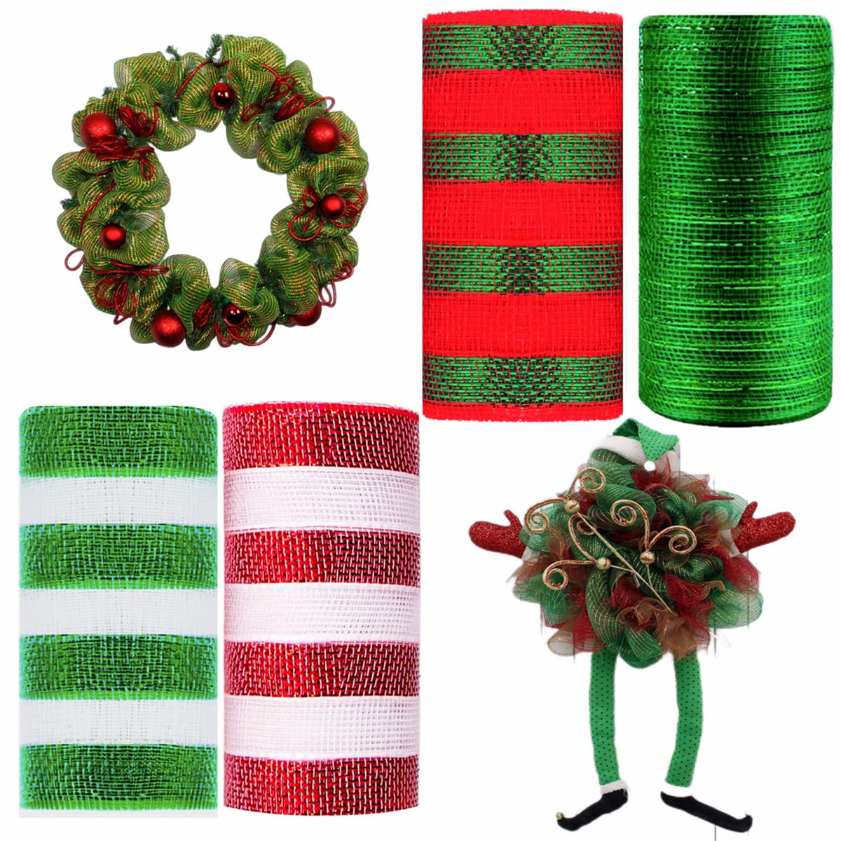 4 Rolls Christmas Mesh Ribbon 6 Inch x 10 Yards Xmas Poly Ribbon Mesh Ribbons Rolls,MeshMetallic Winter Foil Decomesh Roll,Red Green White Stripe Xmas MeshRolls Decor for Wreath Making,Bows,Swag