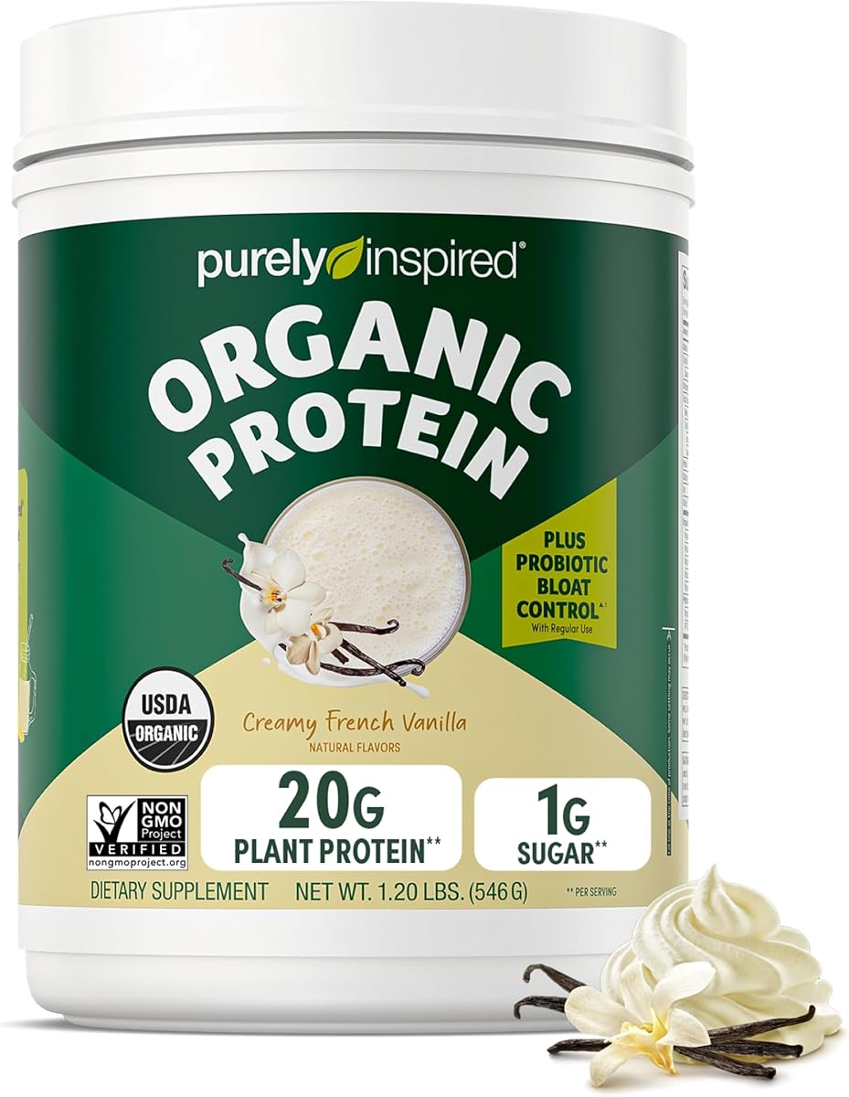 Purely Inspired Plant-Based Protein Powder for Men & Women, Creamy French Vanilla (16 Servings) - Vegan & Organic - 20g of Pea Protein Powder for Smoothies & Shakes - Dairy-Free, & Gluten-Free