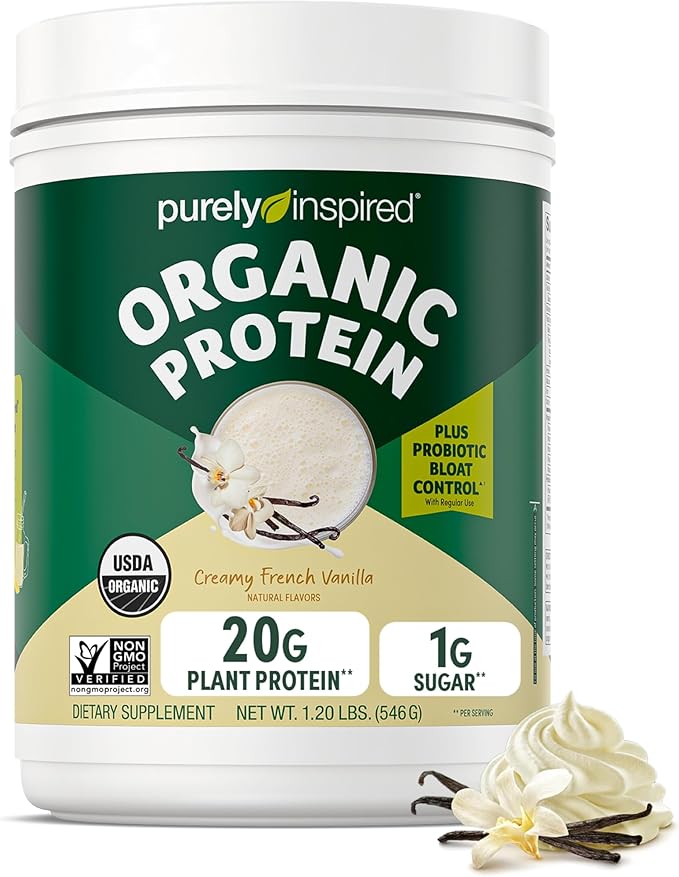 Purely Inspired Plant-Based Protein Powder for Men & Women, Creamy French Vanilla (16 Servings) - Vegan & Organic - 20g of Pea Protein Powder for Smoothies & Shakes - Dairy-Free, & Gluten-Free