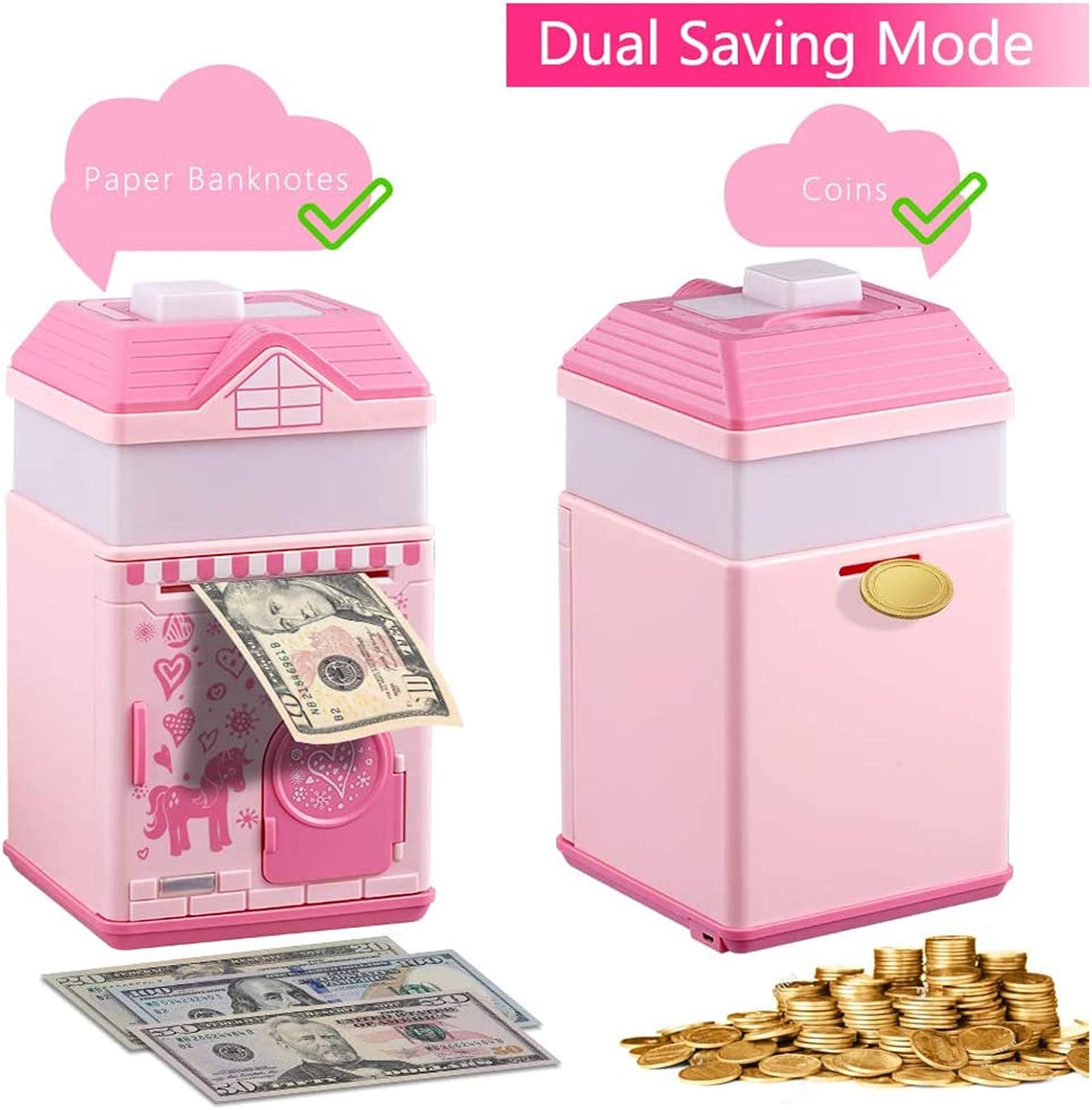 Piggy Bank for Girls, Electronic Money Coin Code Bank with USB Rechargeable Battery, Pink Kids ATM Safe Box with Personal Password, RGB Night Light, 10 Music, Gifts for Age 5 6 7 8+