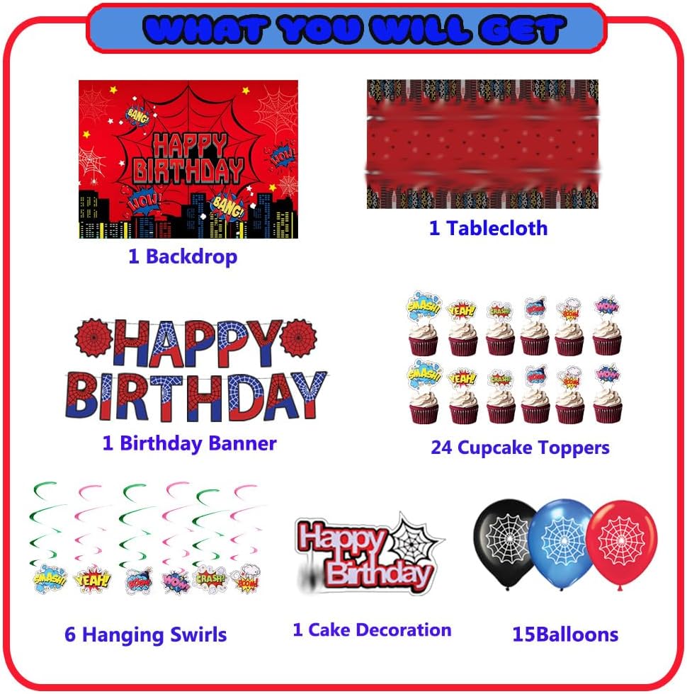 Spider Theme Birthday Party Supplies Party Decorations Including Birthday Banner, Backdrop, Balloons, Hanging Swirls, Tablecloth, Cake Toppers for spider Party