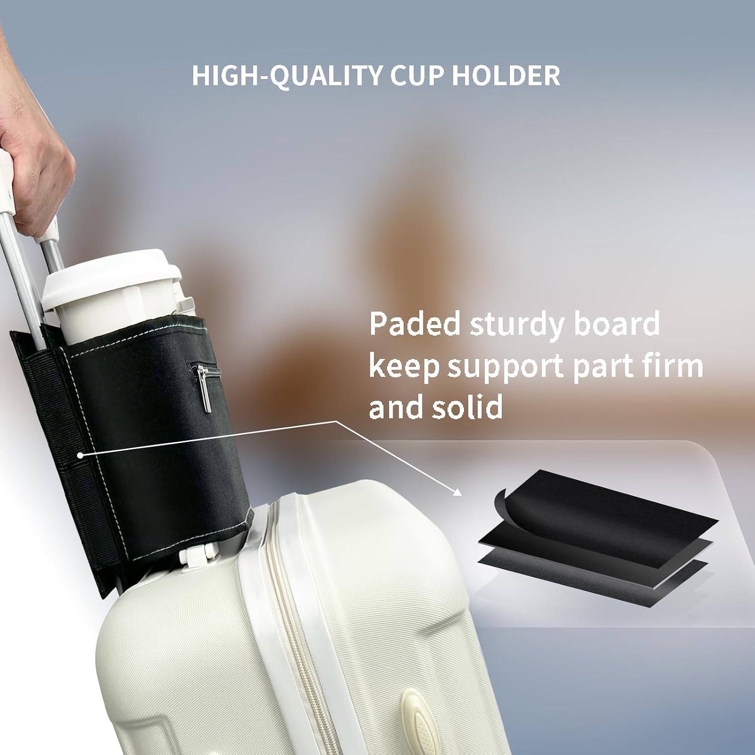 Travel Luggage Cup Holder, Vethers Drink Carrier, Luggage Cup Holder Attachment, Free Hand Suitcase Drink Carrier for Drinks Beverages, Coffee, Bottles, Snacks (Jet)