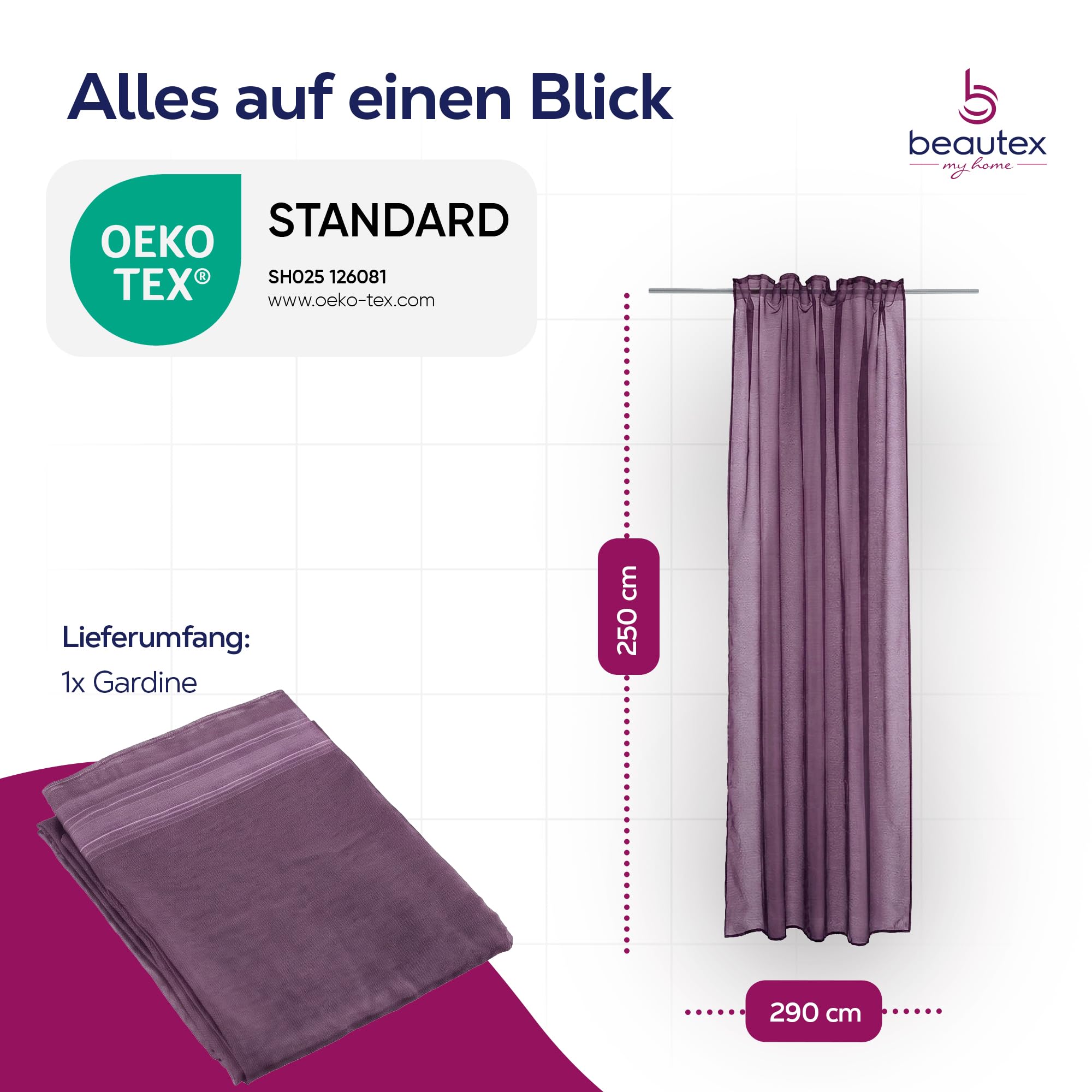 BEAUTEX Vorhang mit Kräuselband oder Ösen, transparente Gardine Dolly, Farbe und Größe wählbar (Kräuselband - Breite 290 cm - Höhe 250 cm - 1 Stück - Pflaume)