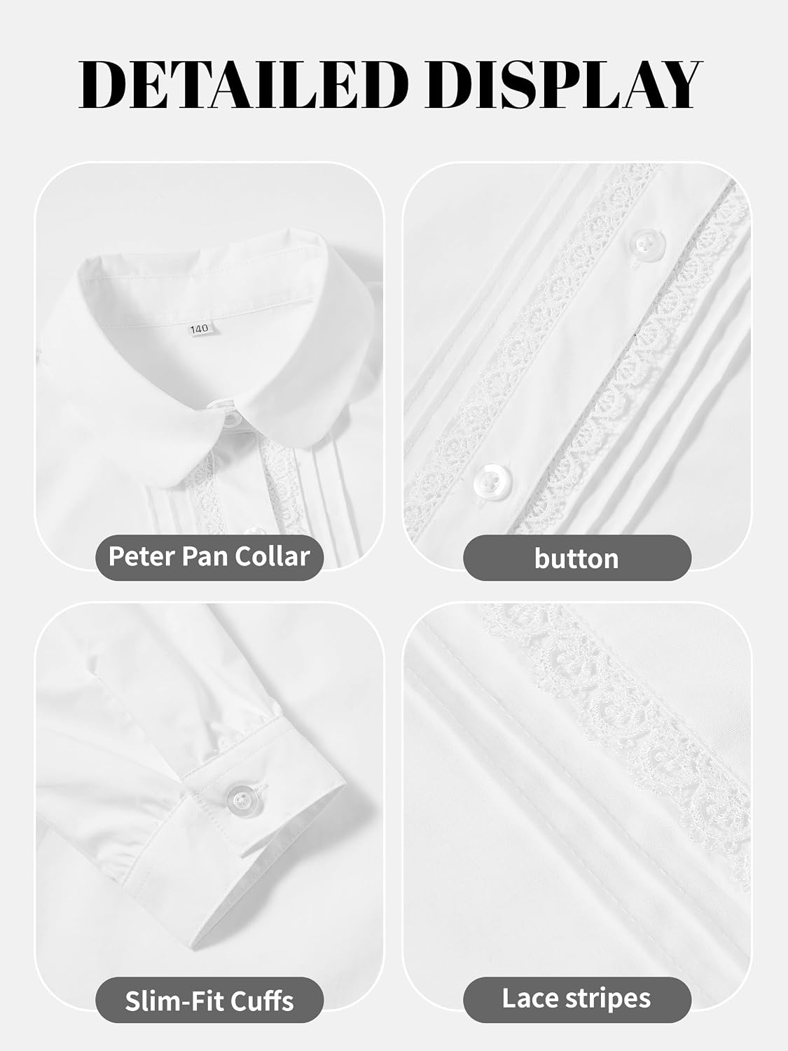 LOLANTA Girls Long Sleeve Uniform Shirt, Kids Stretch Button Down Dress Shirts, Stain Resistant Blouse with Peter Pan Collar