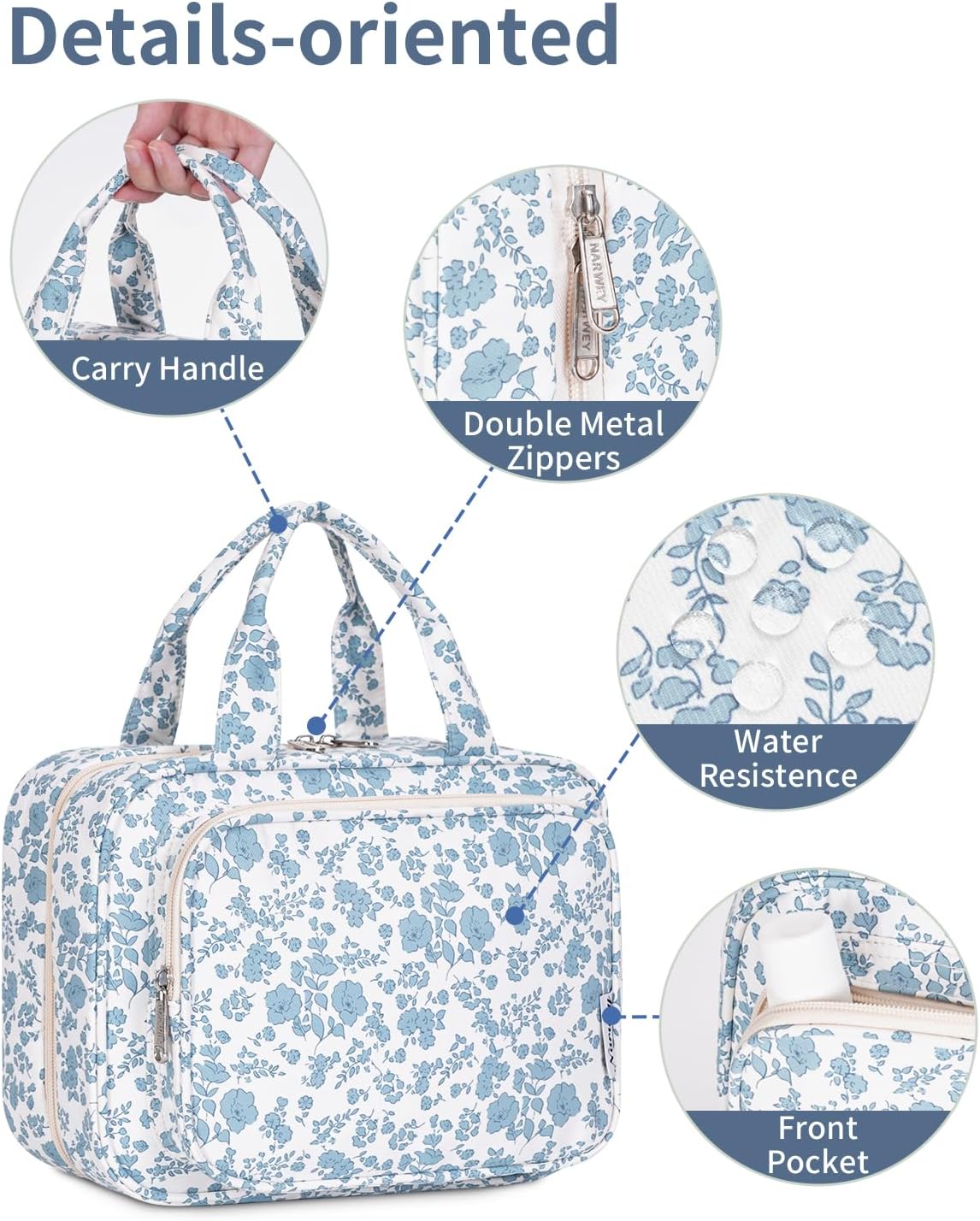 Narwey Travel Toiletry Bag for Women Large Hanging Makeup Bag Organizer Toiletries Bag for Full Size Essentials Accessories Cosmetics (Blue Flower (Large))