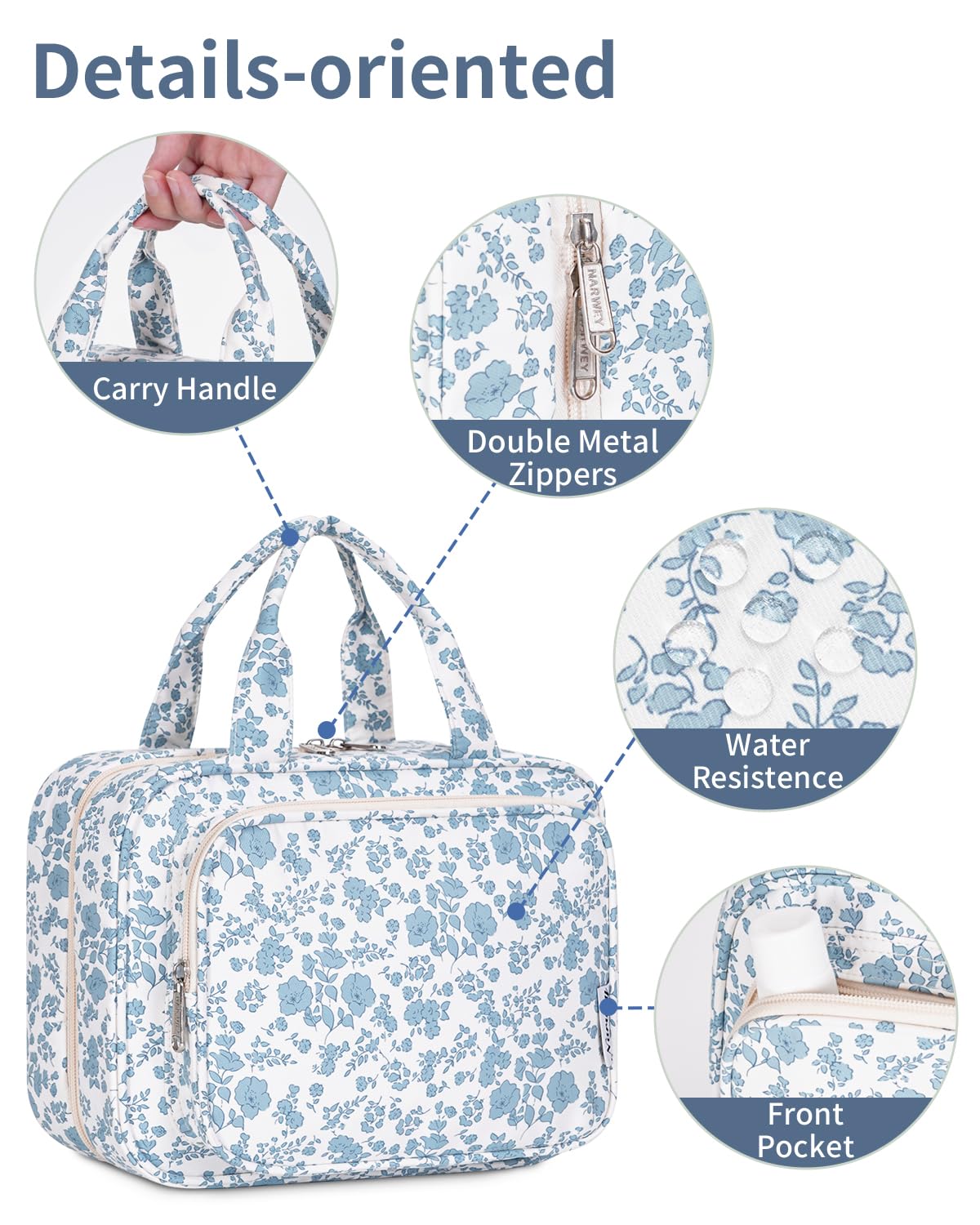 Narwey Large Hanging Travel Toiletry Bag for Women Wash Bag Cosmetics Makeup Bag Organizer for Full Size Accessories (Little Blue Flower (Large)) — view 9
