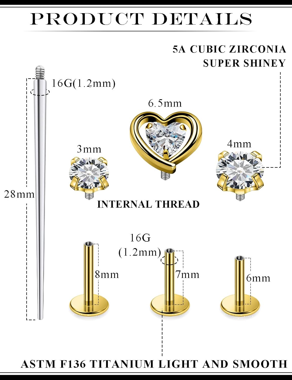 20G 18G 16G Astm F136 Titanium Internal Thread Flat Back Earrings Nose Studs Tragus Forward Helix Conch Cartilage Lobe Earring Stud Medusa Labret Monroe Lip Ring Piercing Jewelry For Women Men - Image 2