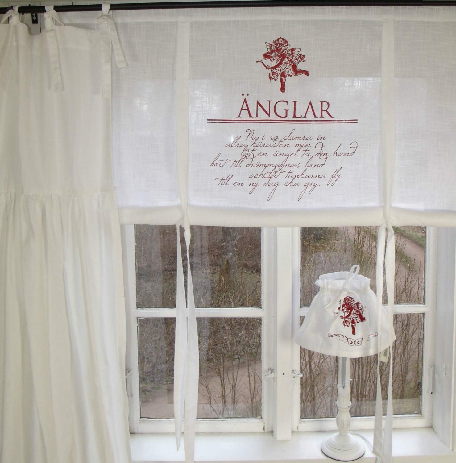 Raff Gardine ROMANTIK WEIß Rot Rollo 140x120 cm Scheibengardine Vintage Landhaus Shabby