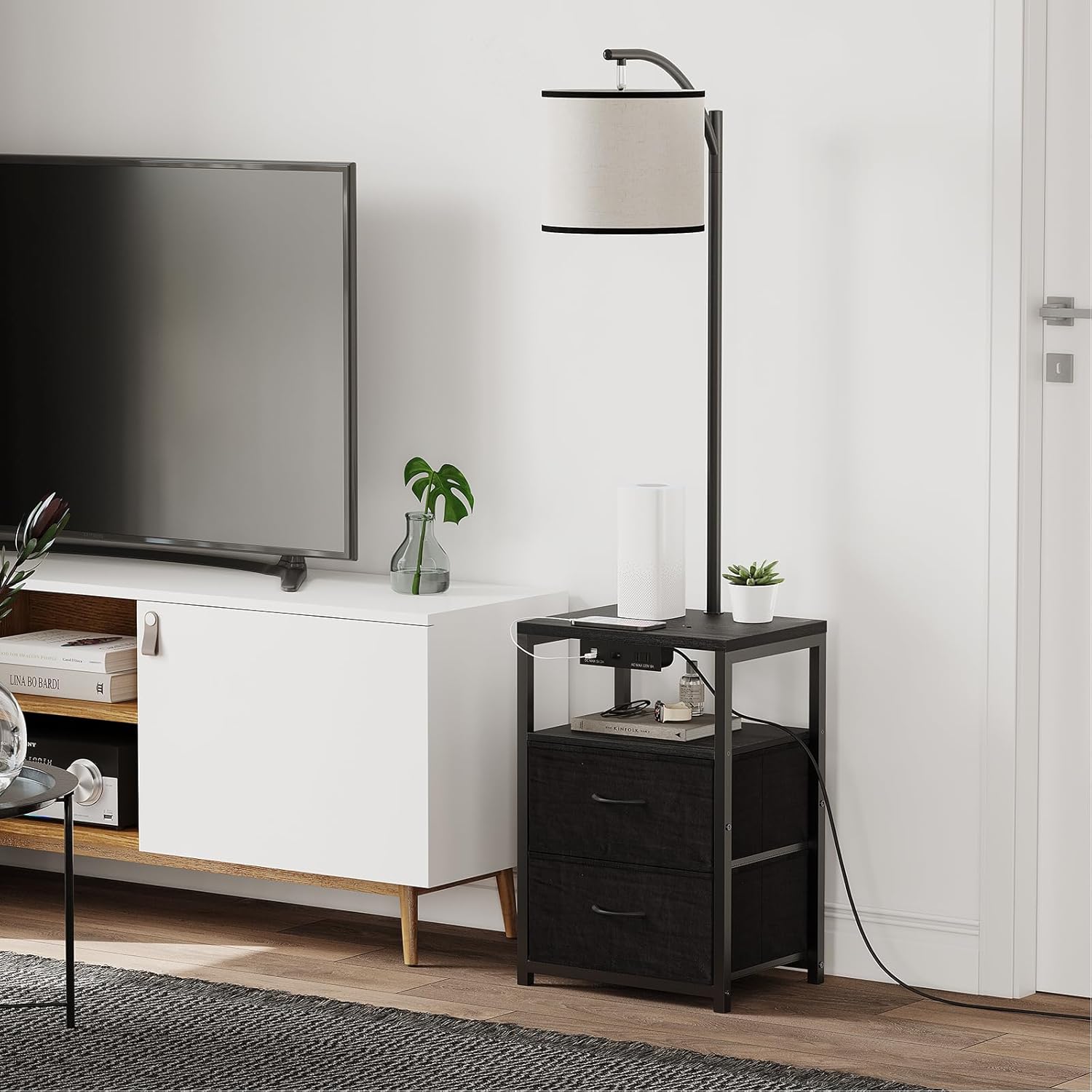 SUNMORY Floor Lamp with Table & 2 Drawers, Lamp with USB Port and Outlet, Lamps for Nightstand with 3 Color Temperature Led Bulb Included, Floor Lamps for Living Room, Bedroom and Home Office, Black