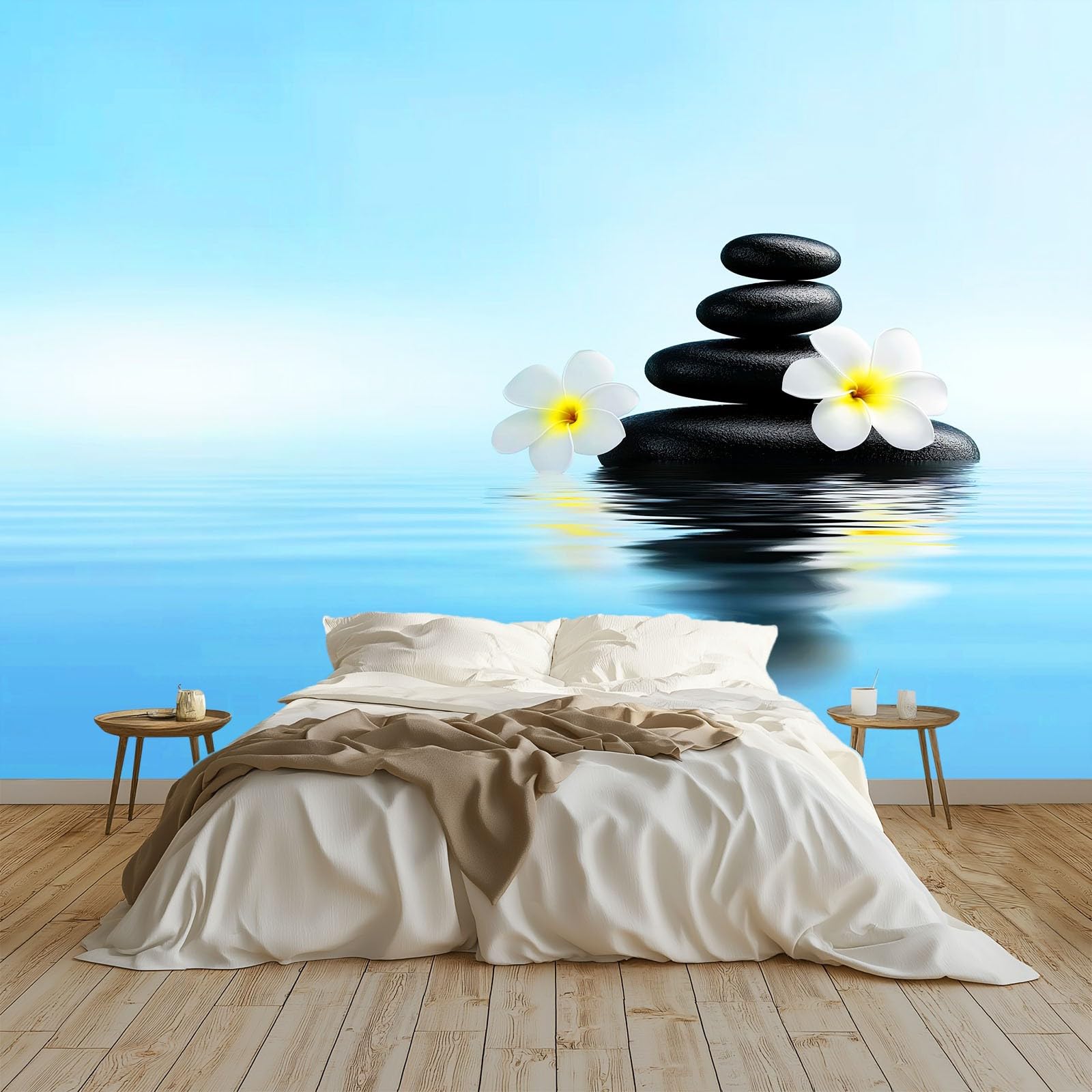 Panoramiczna tapeta 3D Jezioro Zen Skały Kwiaty 200 x 140 cm - Dekoracja wnętrz ściennych do salonu i pokoju dziecięcego, tapeta z włókniny XXL niebieska - plakat z obrazami ściennymi