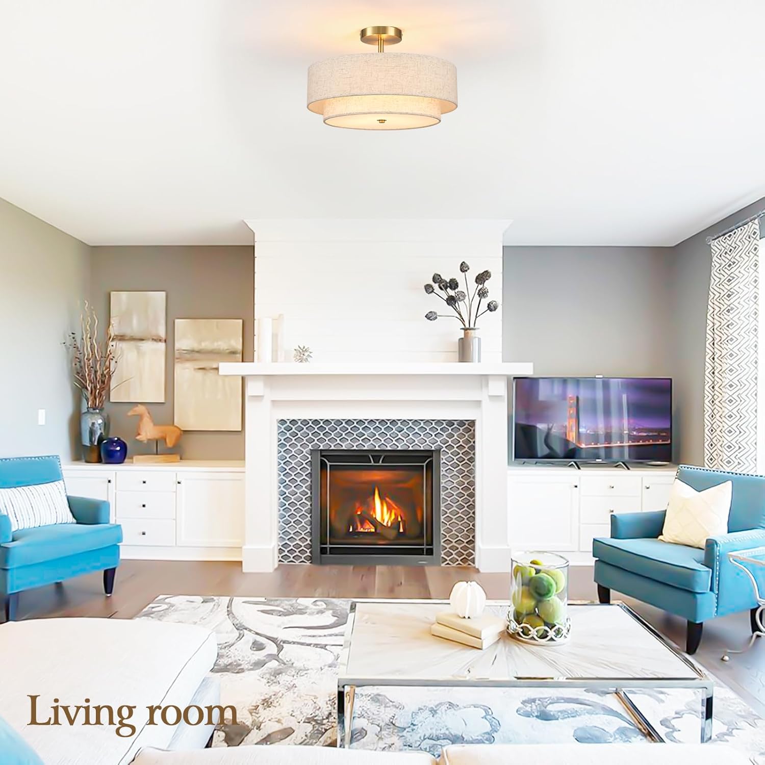 16.5 inch Semi Flush Mount Ceiling Light with Natural Linen Shade, 3-Light UL Listed Fixture with E26 Socket (No Bulb Included) for Bedroom, Kitchen, Living Room