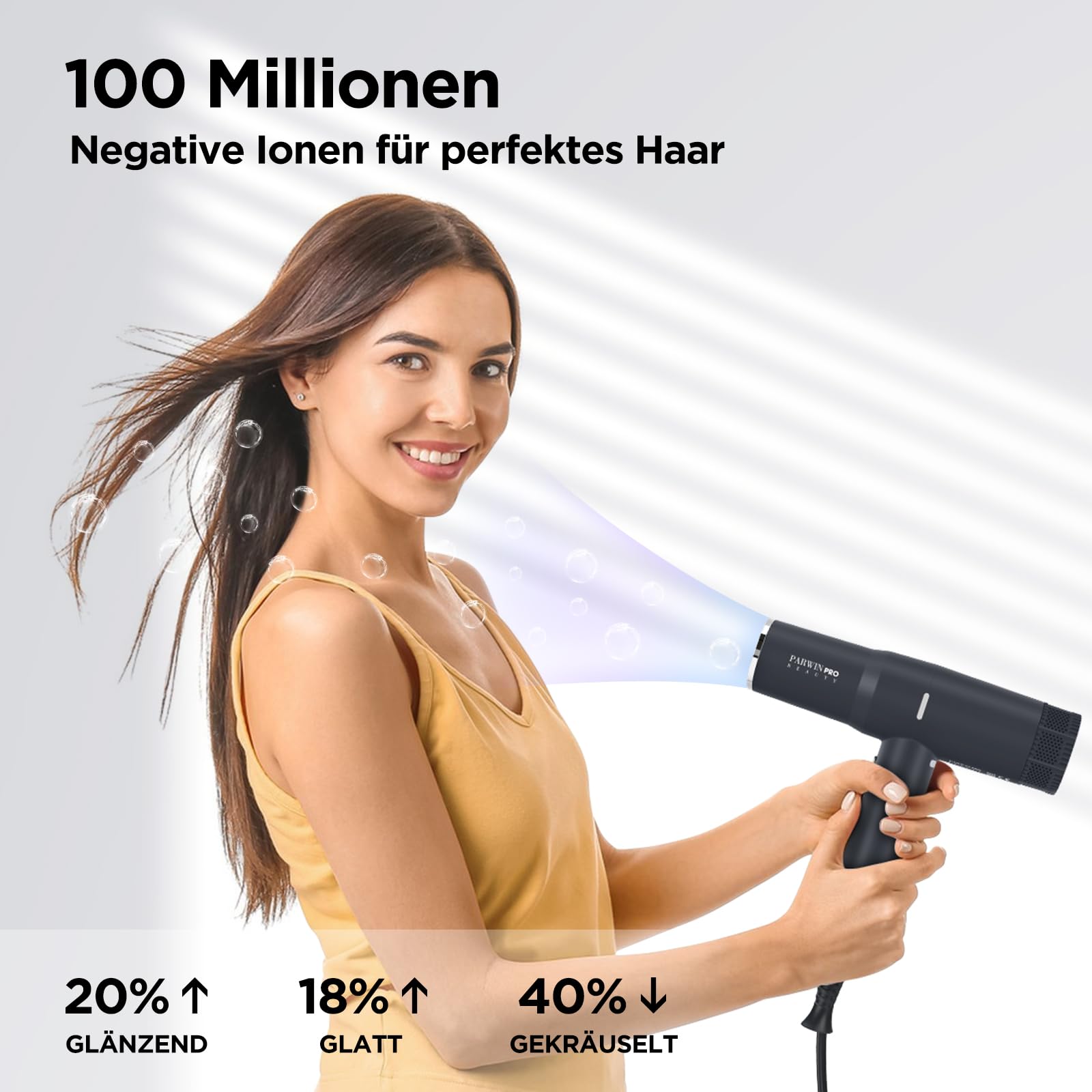 Professionell 100 Million Negativ Ionen Haartrockner, PARWIN PRO BEAUTY Föhn Fön mit 110,000RPM Bürstenlosem Geräuscharm Motor, 30M/S Luftstrom für Schnelle Trocknung, Graphitschwarz